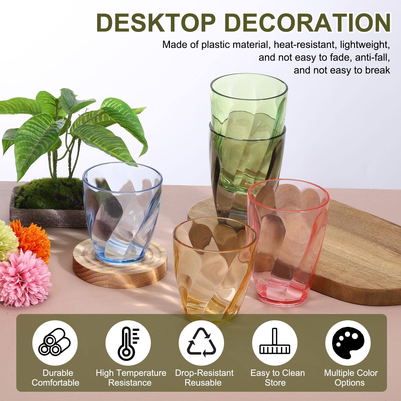DESKTOP DECORATION  
Made of plastic material, heat-resistant, lightweight, and not easy to fade, anti-fall, and not easy to break  

Durable  
High Temperature Resistance  
Drop-Resistant Reusable  
Easy to Clean  
Multiple Color Options