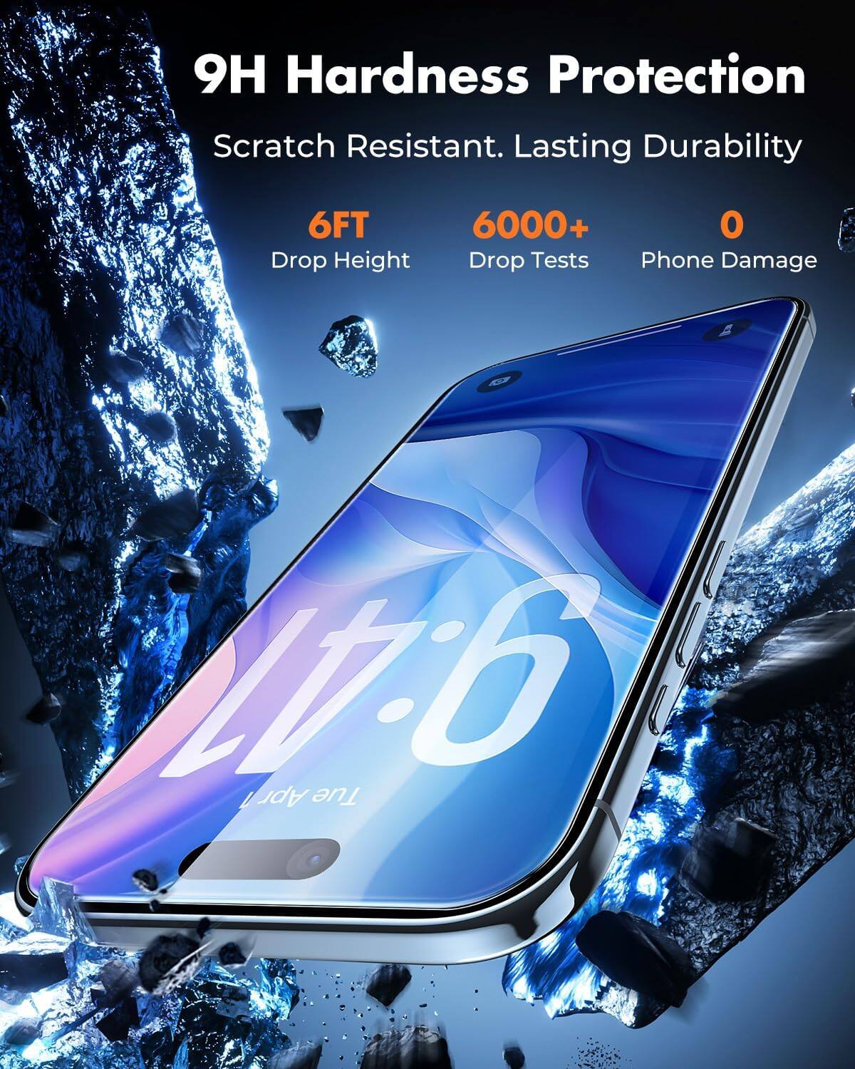 9H Hardness Protection  
Scratch Resistant. Lasting Durability  
6FT Drop Height  
6000+ Drop Tests  
0 Phone Damage  
9:41 / Apr Tue