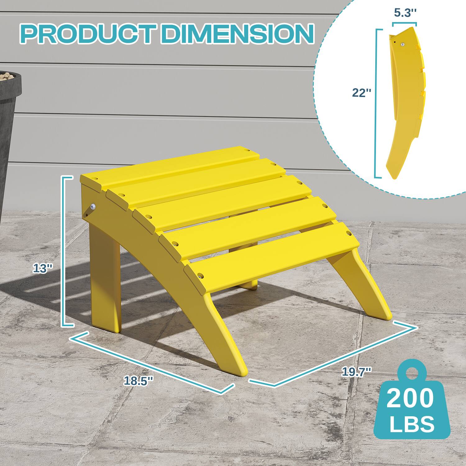 PRODUCT DIMENSION

5.3"  
22"  
13"  
18.5"  
19.7"  
200 LBS