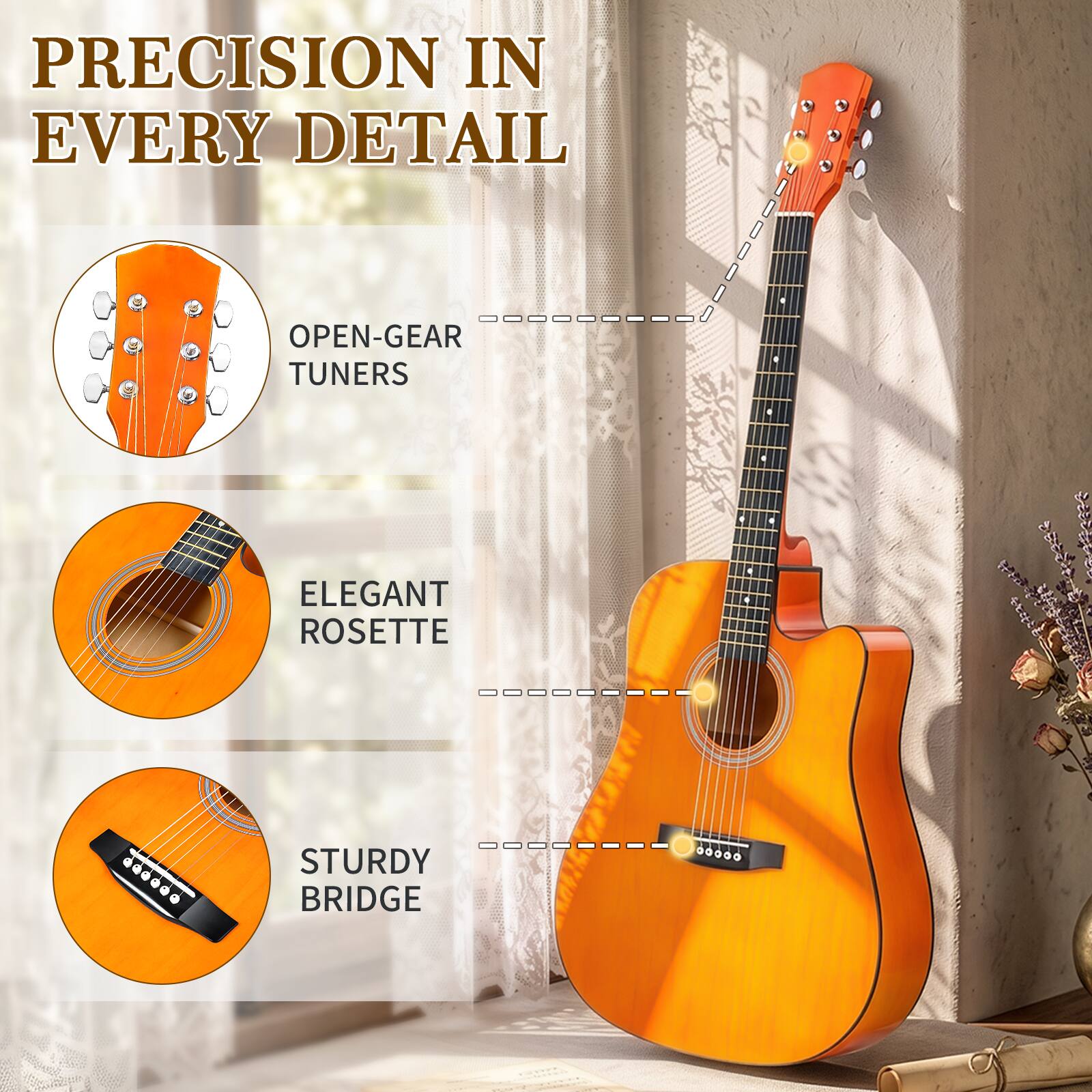 PRECISION IN EVERY DETAIL

- OPEN-GEAR TUNERS
- ELEGANT ROSETTE
- STURDY BRIDGE