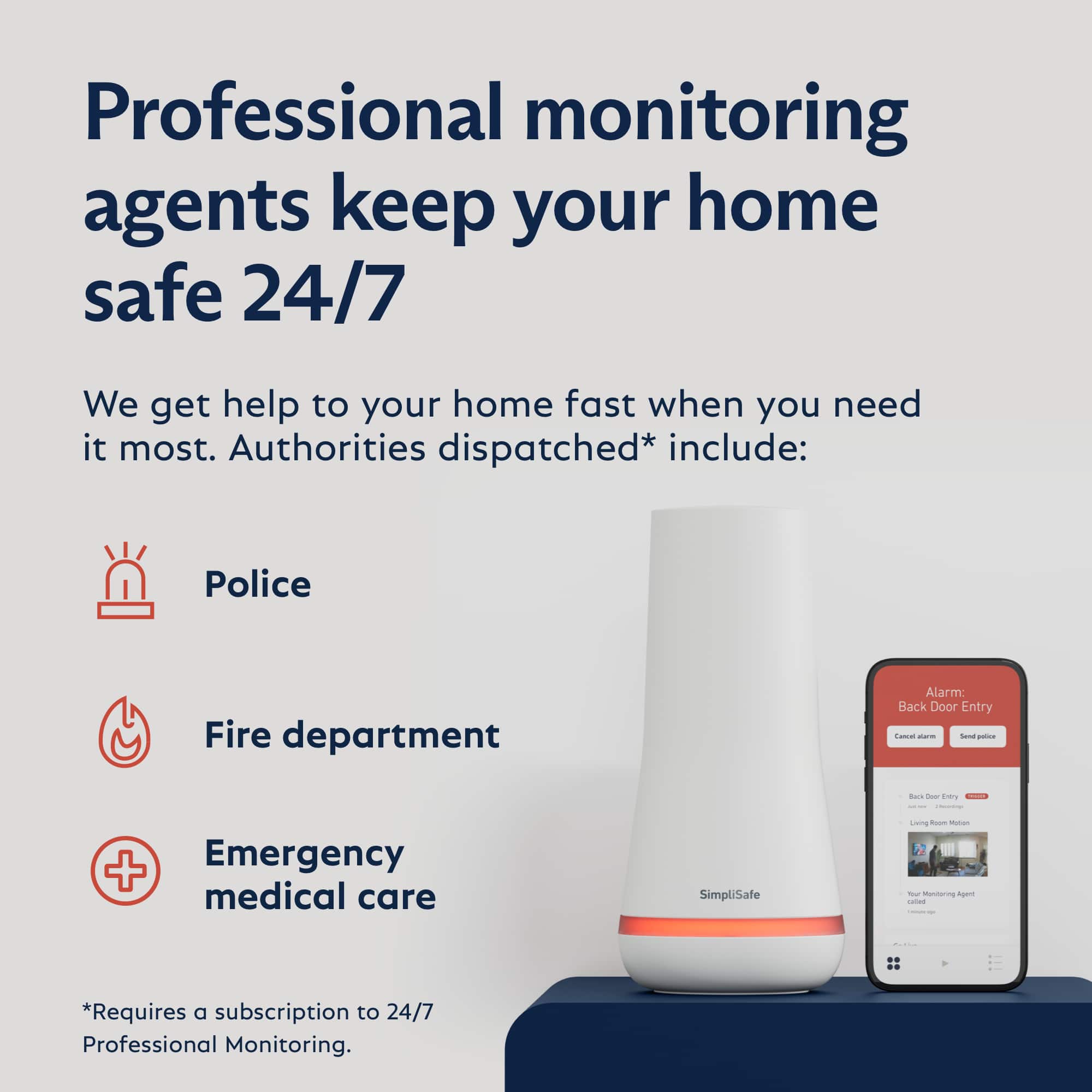 Professional monitoring agents keep your home safe 24/7. We get help to your home fast when you need it most. Authorities dispatched* include: Police, Fire department, Alarm: Back Door Entry, Emergency medical care. SimpliSafe offers professional monitoring agents to ensure your safety. *Requires a subscription to 24/7 Professional Monitoring.