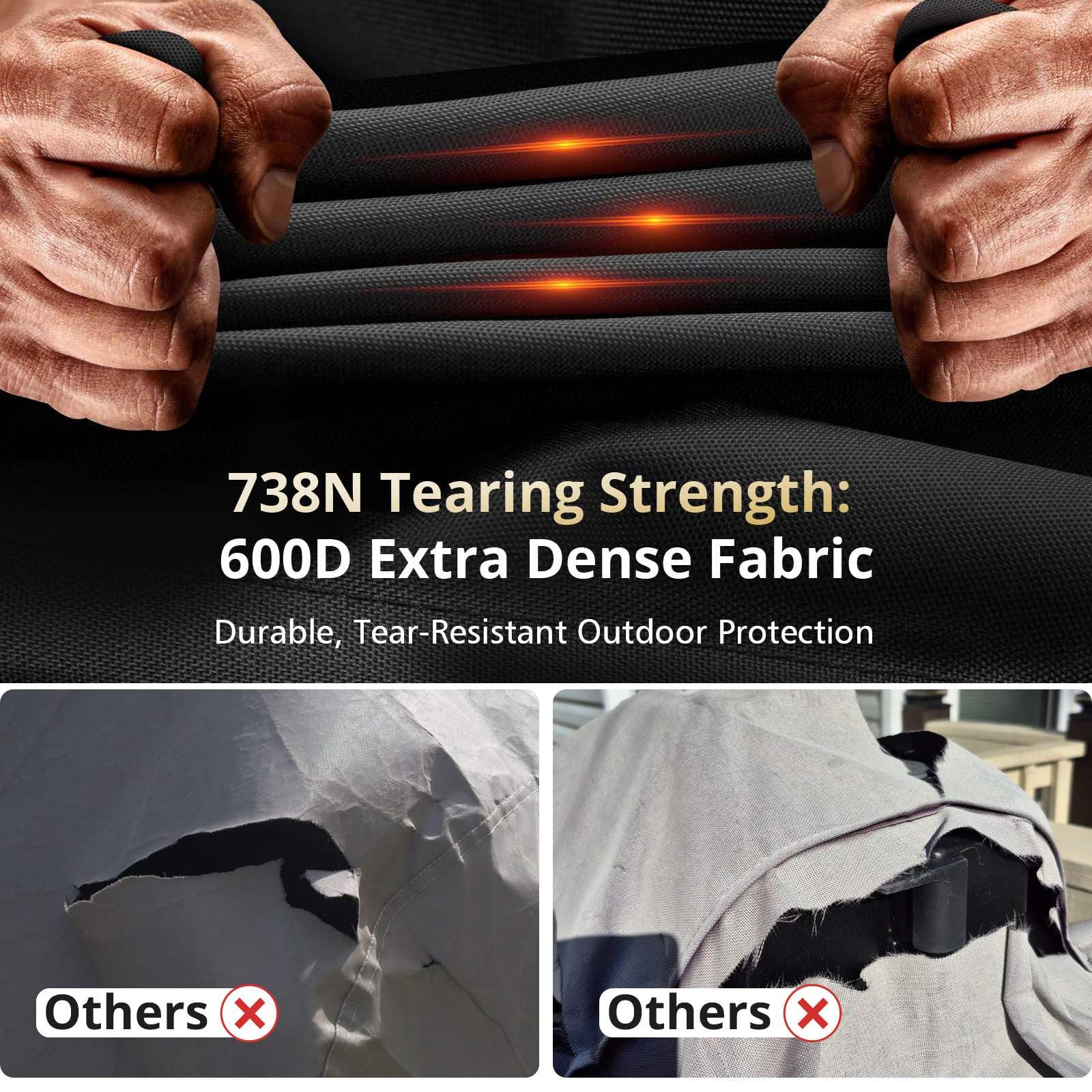 738N Tearing Strength:  
600D Extra Dense Fabric  
Durable, Tear-Resistant Outdoor Protection  

Others ❌  
Others ❌