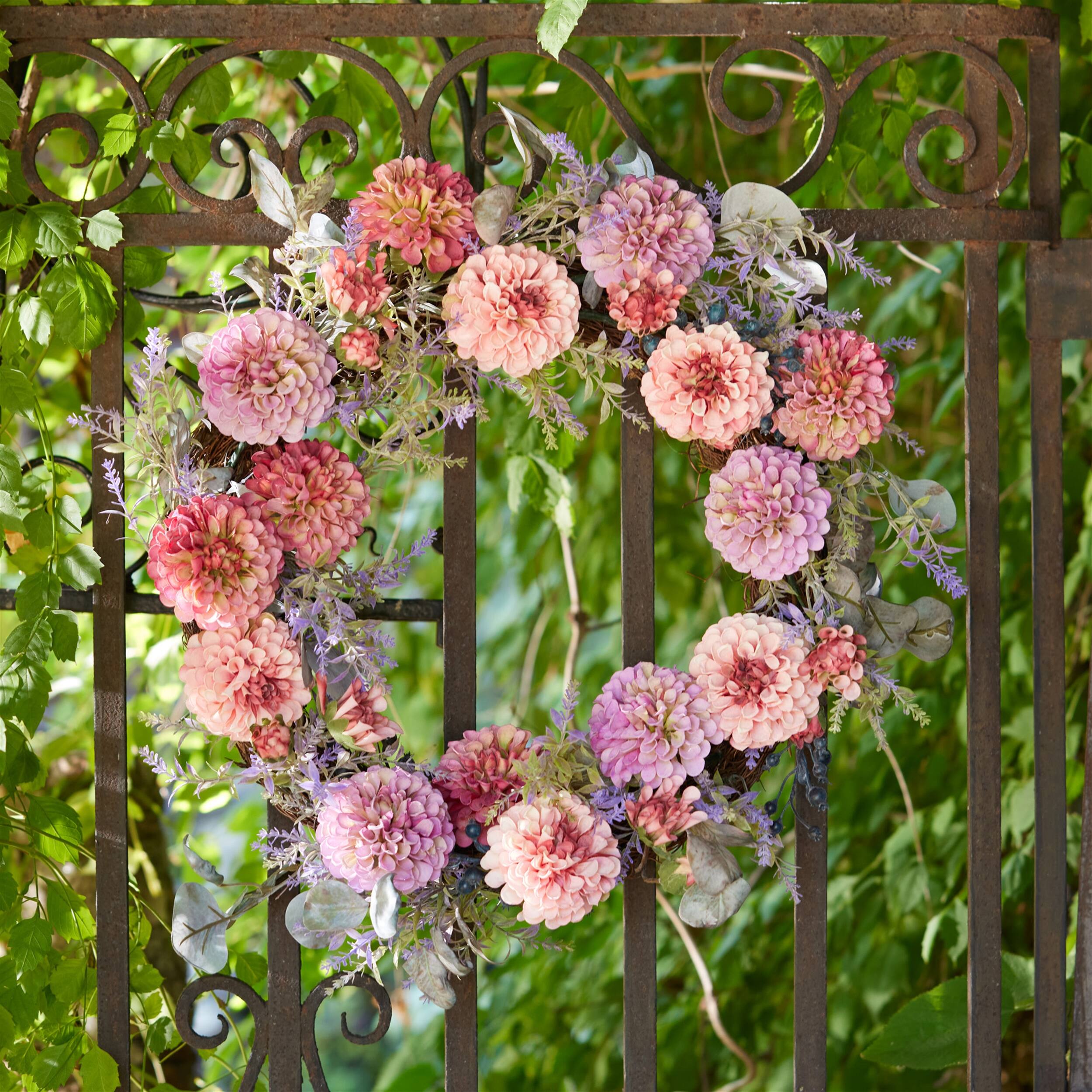 Left. BreeBe - Mixed Zinnia Floral Wreath 24"D - Purple, Pink, Green.