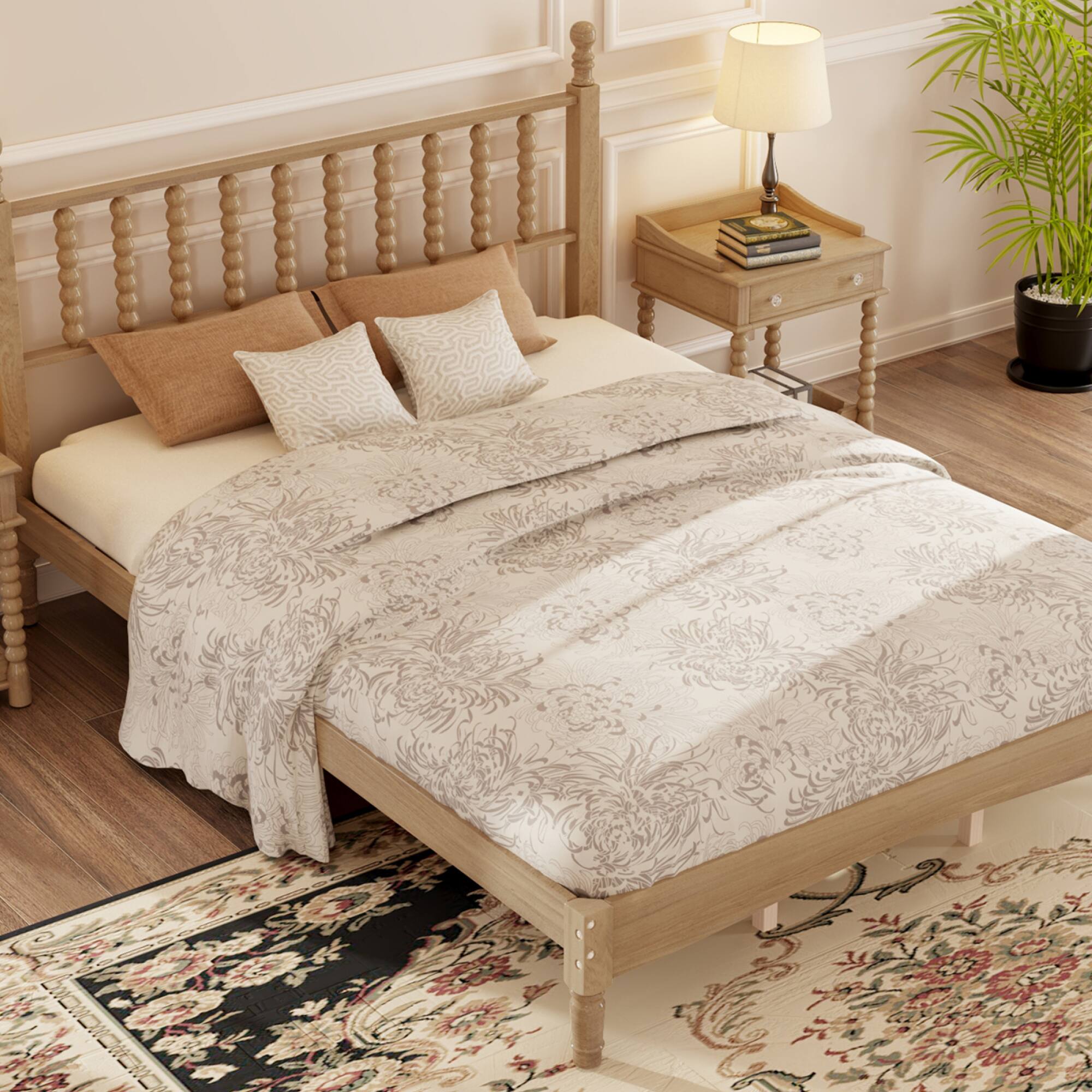 Alt View 9. GOODSILO - Queen Size Retro Wood Platform Bed with Gourd Shaped Headboard and Wooden Slat Support - Natural.