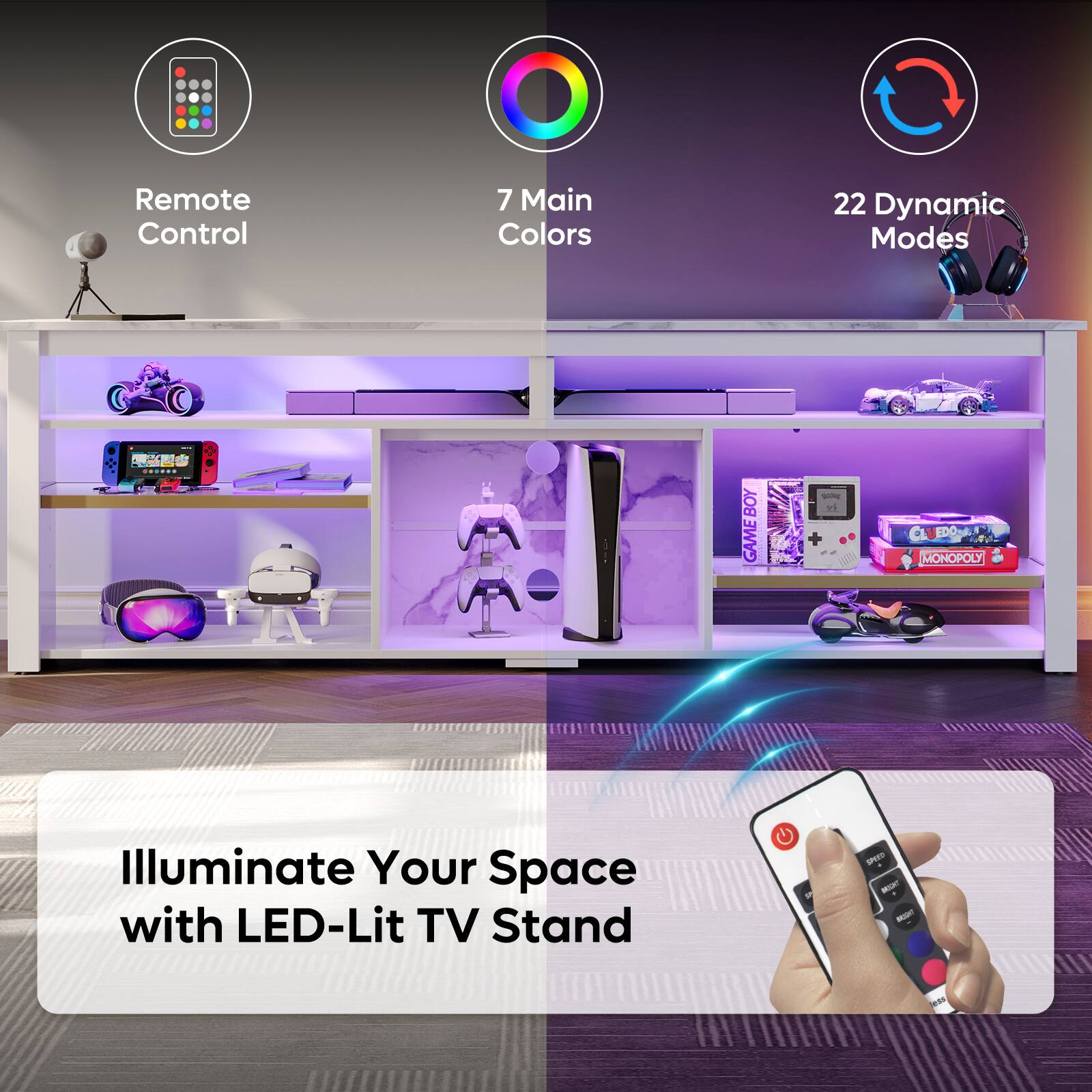 Remote Control: 7 Main Colors, 22 Dynamic Modes, Illuminate Your Space with LED-Lit TV Stand.