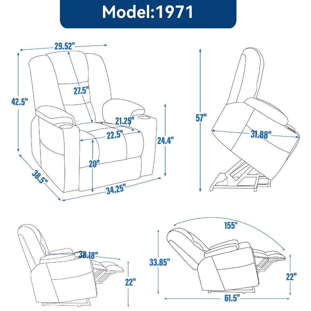 Model: 1971

- 29.52"
- 42.5"
- 27.5"
- 21.25"
- 22.5"
- 24.4"
- 57"
- 31.88"
- 38.5"
- 20"
- 34.25"
- 155°
- 38.18"
- 22"
- 33.85"
- 22"
- 61.5"