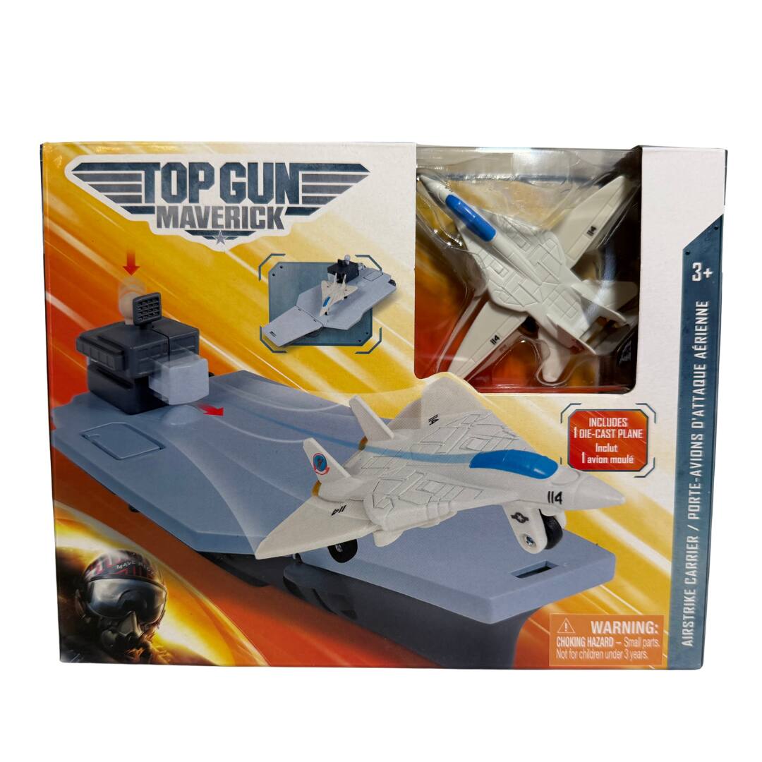 TOP GUN MAVERICK  
INCLUDES | DIE-CAST PLANE  
Inclut 1 avion moule 114 !  
WARNING: CHOKING HAZARD - Small parts, Not for children under 3 years  
3+  
AERIENNE D'ATTAQUE PORTE-AVIONS CARRIER AIRSTRIKE