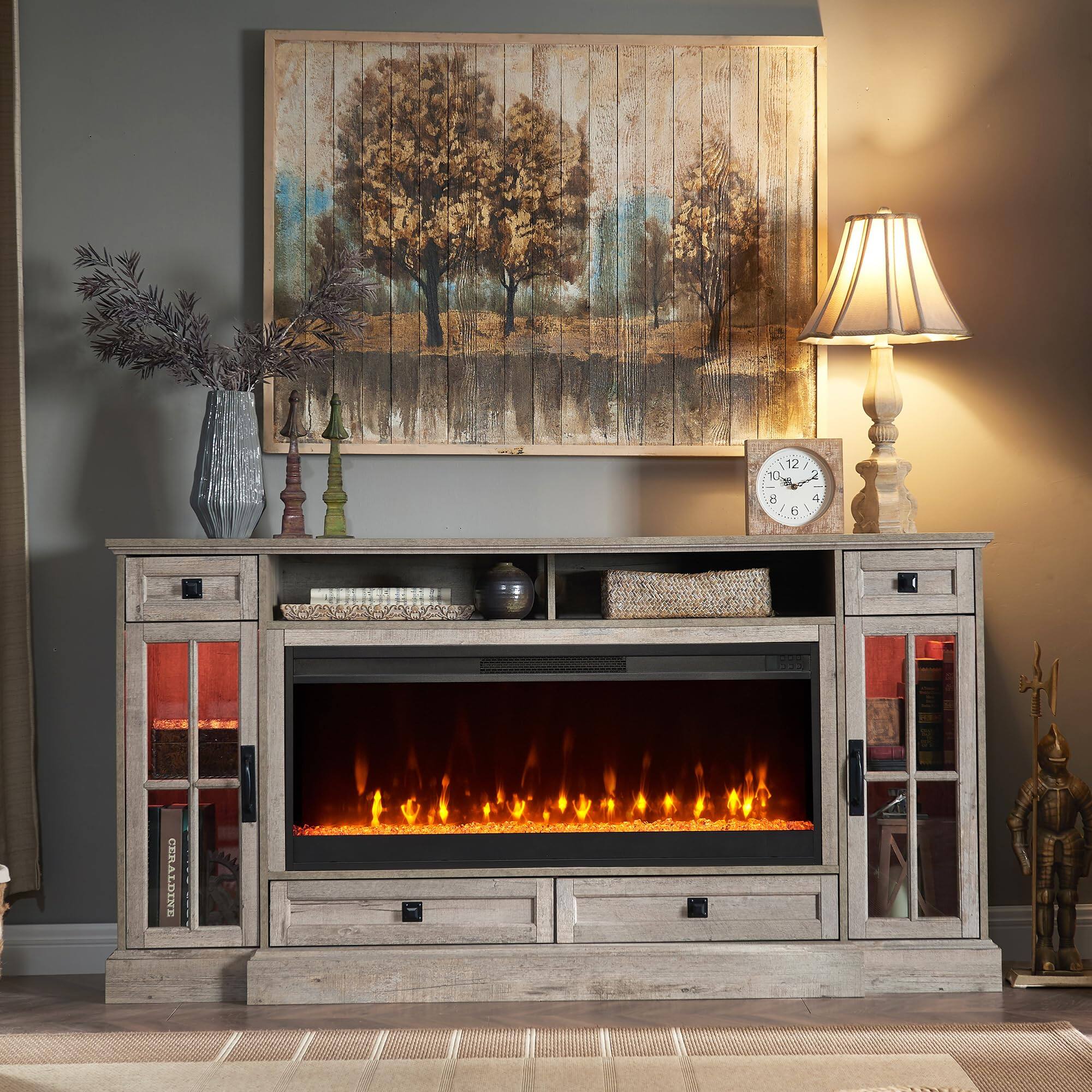 Back. PO3TICJUNKI3 - 70" Fireplace TV Stand for 80" TVs with 42" Crystal Ember Bed, LED Lights, Drawers & Cabinets - Light Rustic Oak.