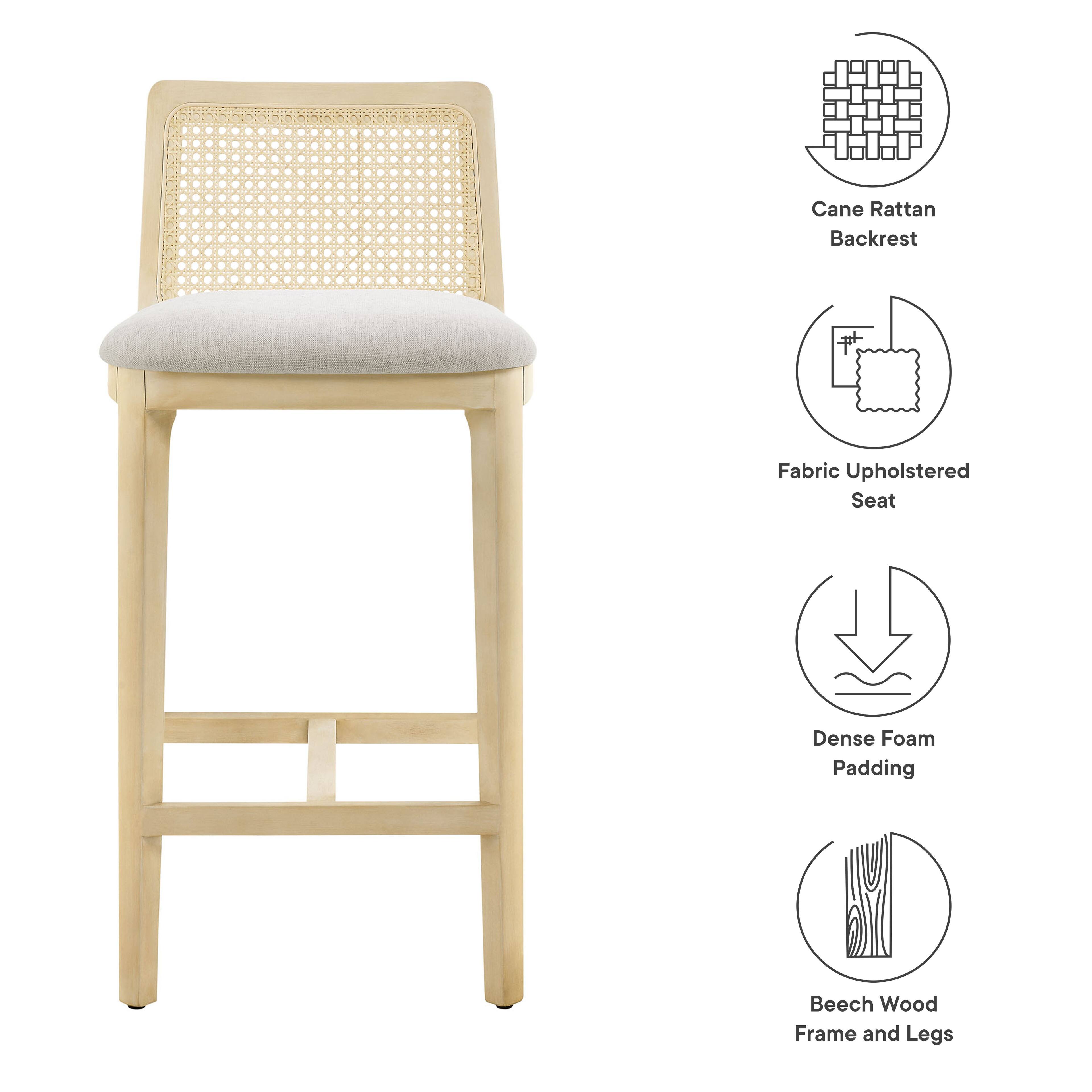 Cane Rattan Backrest  
Fabric Upholstered Seat  
Dense Foam Padding  
Beech Wood Frame and Legs