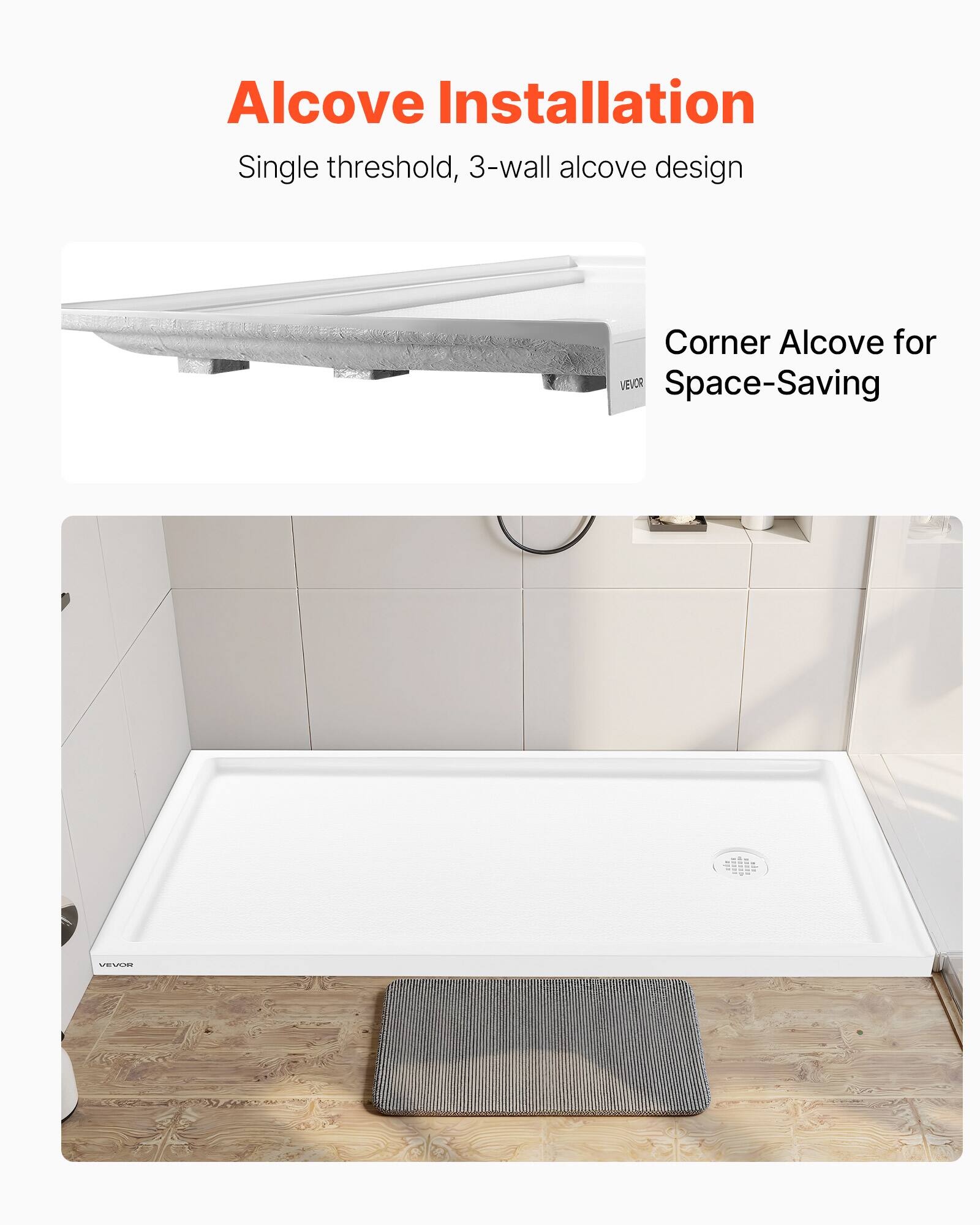 Alcove Installation  
Single threshold, 3-wall alcove design  
Corner Alcove for Space-Saving