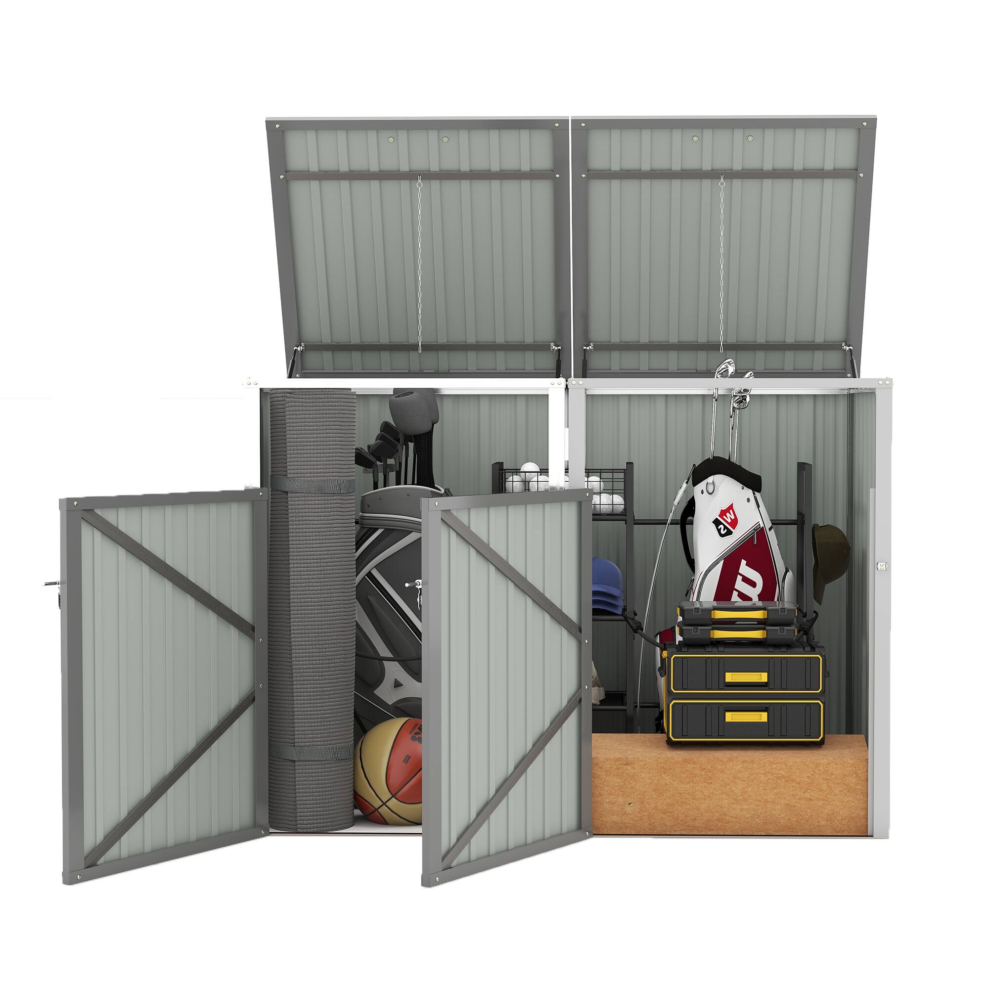 Alt View 5. Mondawe - 2 Trash Garbage Bin Shed Stores with Pneumatic Support Rod,Lockable Doors & Waterproof Lid Chain - Light Gray.