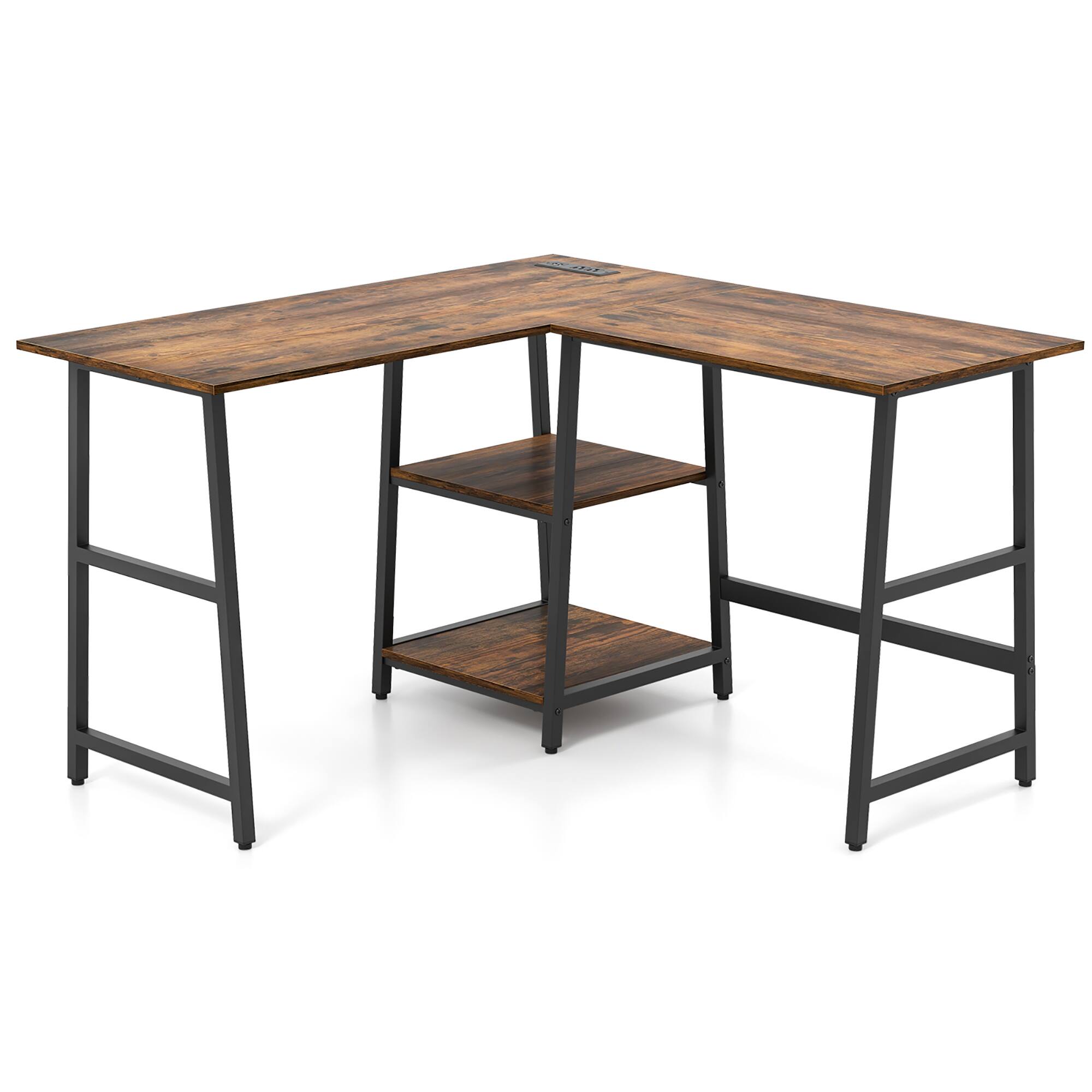 Alt View 9. Costway - Costway L Shaped Corner Computer Desk Study Workstation Power Outlet Storage Shelf - Rustic Brown.