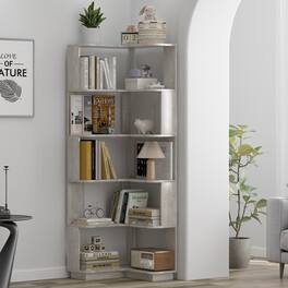 HTUTWOO - 6-Tier L-Shaped Corner Bookshelf, Space-Saving with Anti-Tipping Device for Living Room Bedroom Home Office - Gray