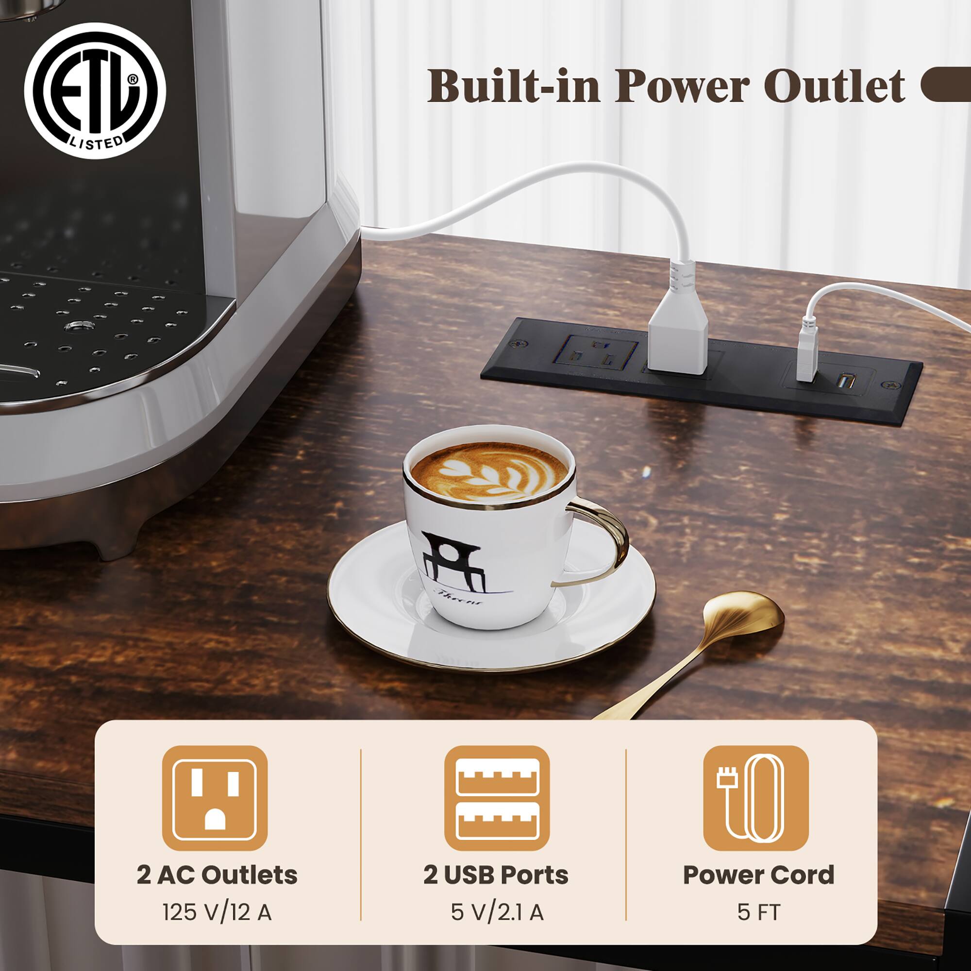 ETD LISTED

Built-in Power Outlet

- 2 AC Outlets 125 V/12 A
- 2 USB Ports 5 V/2.1 A
- iO Power Cord 5 FT
