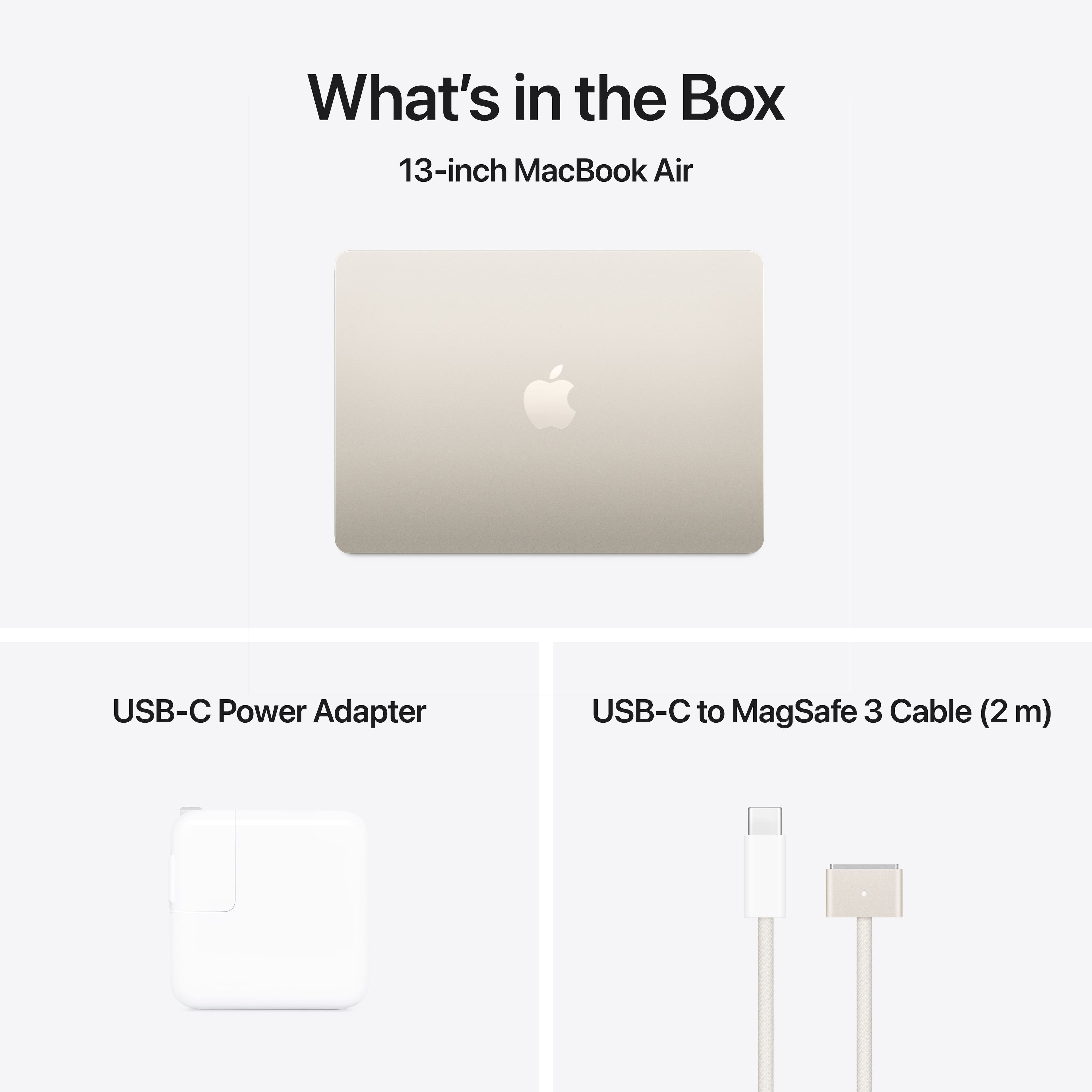 What's in the Box: 13-inch MacBook Air USB-C Power Adapter USB-C to MagSafe 3 Cable (2 m)