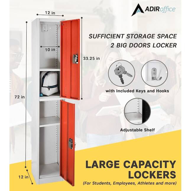 ADIRoffice, SUFFICIENT STORAGE SPACE, 2 BIG DOORS LOCKER, 33.25 in, 72 in, with Included Keys and Hooks, Adjustable Shelf, LARGE CAPACITY LOCKERS (For Students, Employees, Athletes and more), 12 in, 12 in