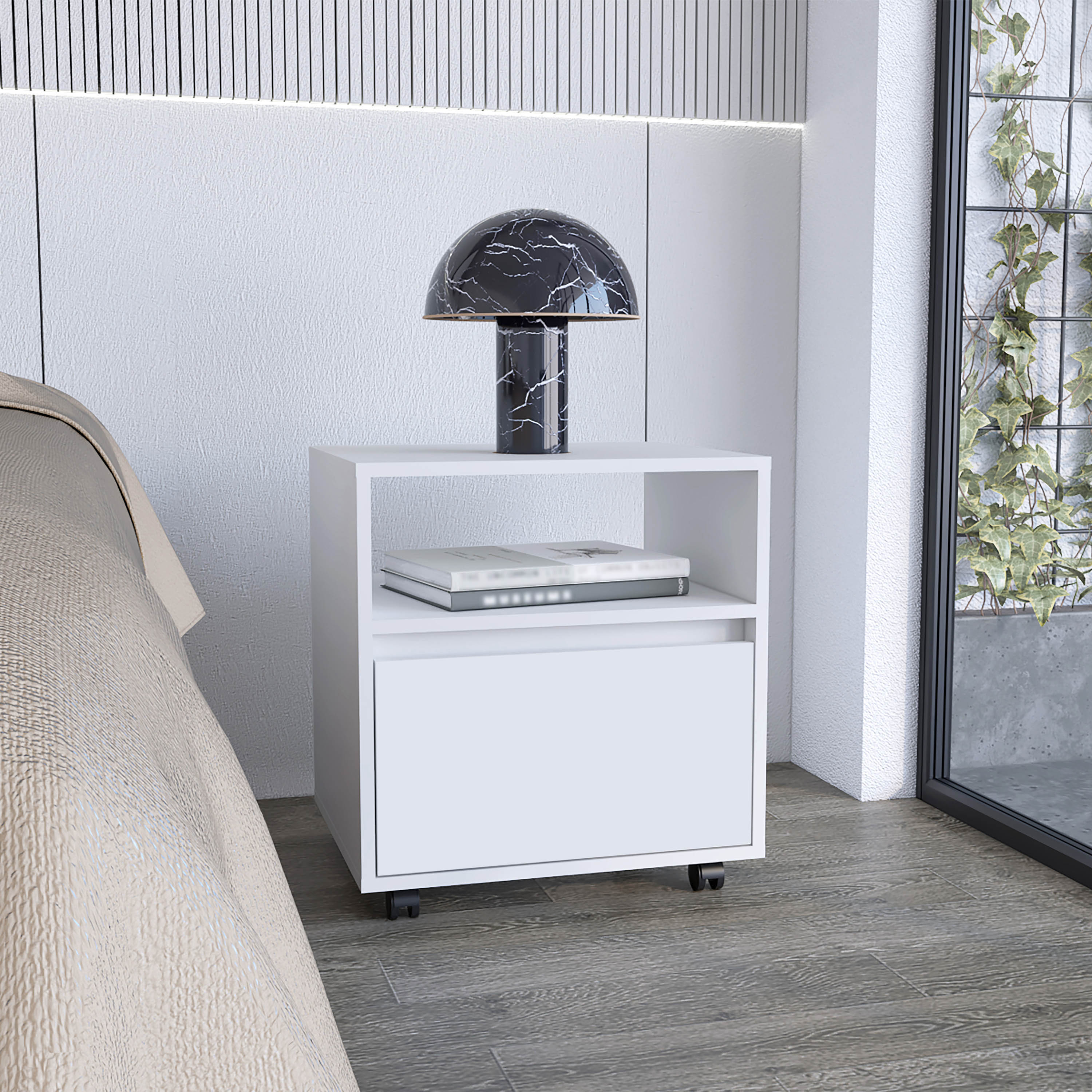 Front. Tiramisubest - Compact Nightstand with Drawer, Open Shelf, and Casters, White - White.
