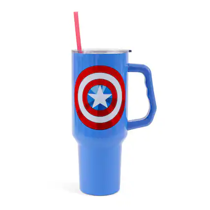 Front. Marvel - Marvel Comics Captain America 40-Ounce Stainless Steel Tumbler With Handle - Blue.