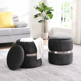 GOODSILO - Modern Velvet Round Storage Ottoman with Tufted Design for Living Room and Bedroom - Grey+Silver