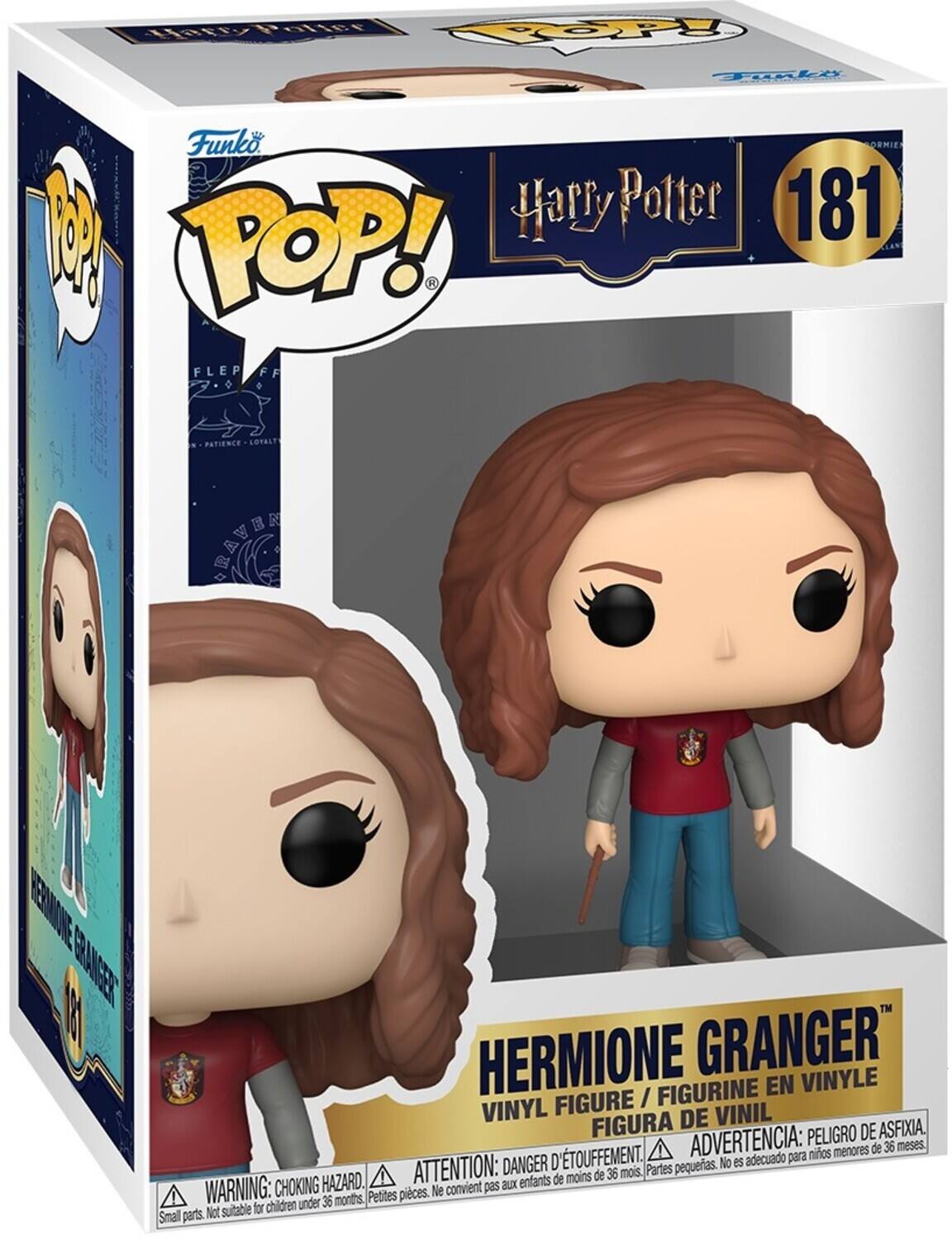 Sure, here is the corrected and grouped text from the image:

---

**Funko POP!**

**Harry Potter**

**181**

**HERMIONE GRANGER**

**VINYL FIGURE / FIGURINE EN VINYLE**

**FIGURA DE VINIL**

**WARNING: CHOKING HAZARD. Small parts. Not suitable for children under 36 months.**

**ATTENTION: DANGER D'ÉTOUFFEMENT. Petites pièces. Ne convient pas aux enfants de moins de 36 mois.**

**ADVERTENCIA: PELIGRO DE ASFIXIA. Partes pequeñas. No es adecuado para niños menores de 36 meses.**

**PATIENCE - LOYALTY - BRAVERY**

**PATIENCE - LOYALTY - BRAVERY**

**PATIENCE - LOYALTY - BRAVERY**

---

This text is organized to reflect the information on the packaging, including the brand, series, character, and safety warnings.