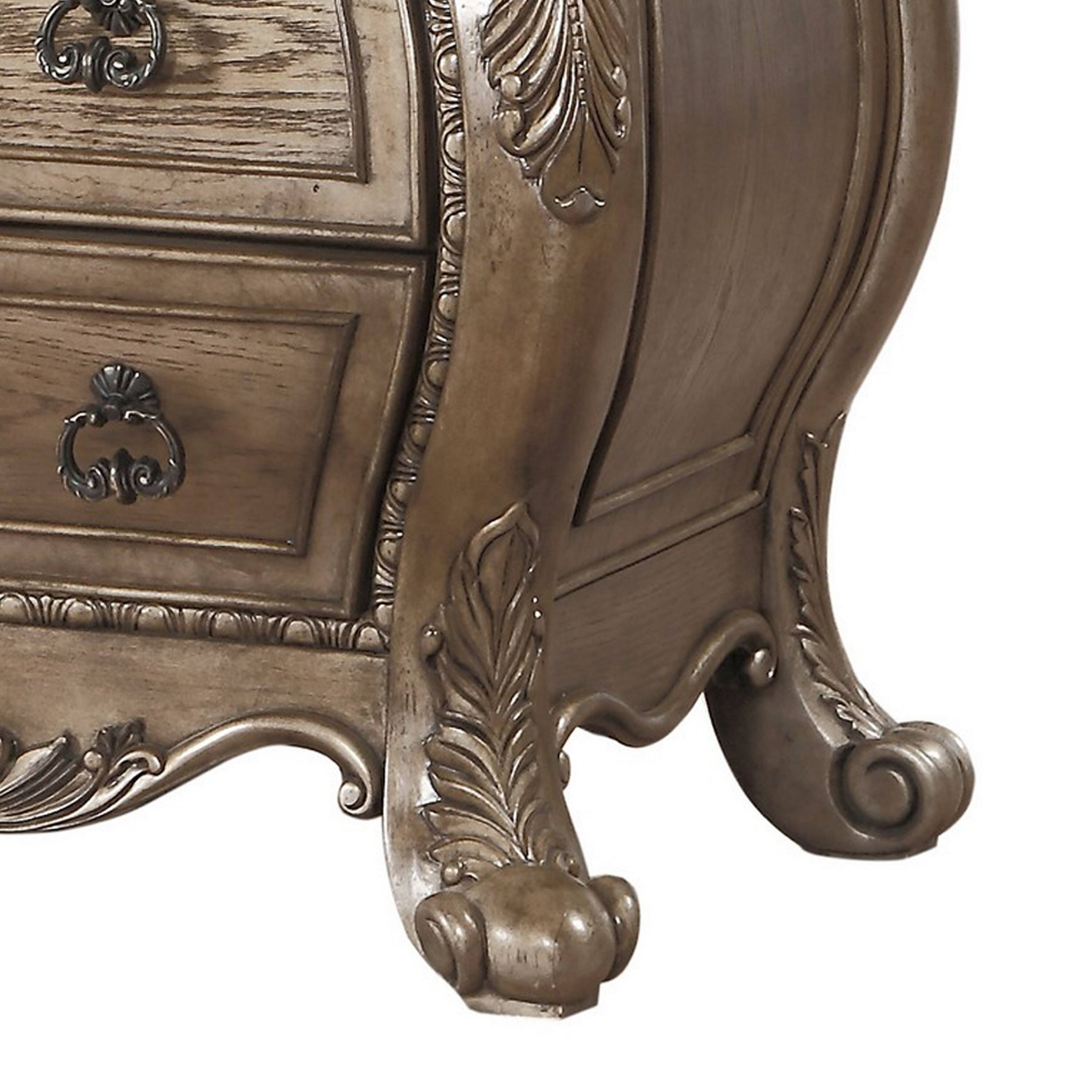 Alt View 3. Manhattan Lane - Nightstand, 3 Drawers with Antique Handles, Scrolled Legs - Vintage Oak Brown.