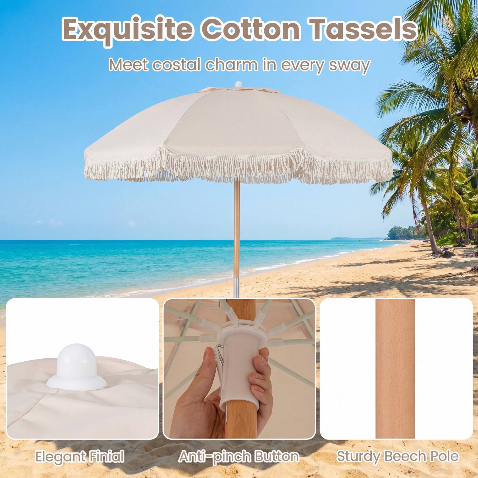 Exquisite Cotton Tassels  
Meet coastal charm in every sway  

Elegant Finial  
Anti-pinch Button  
Sturdy Beech Pole
