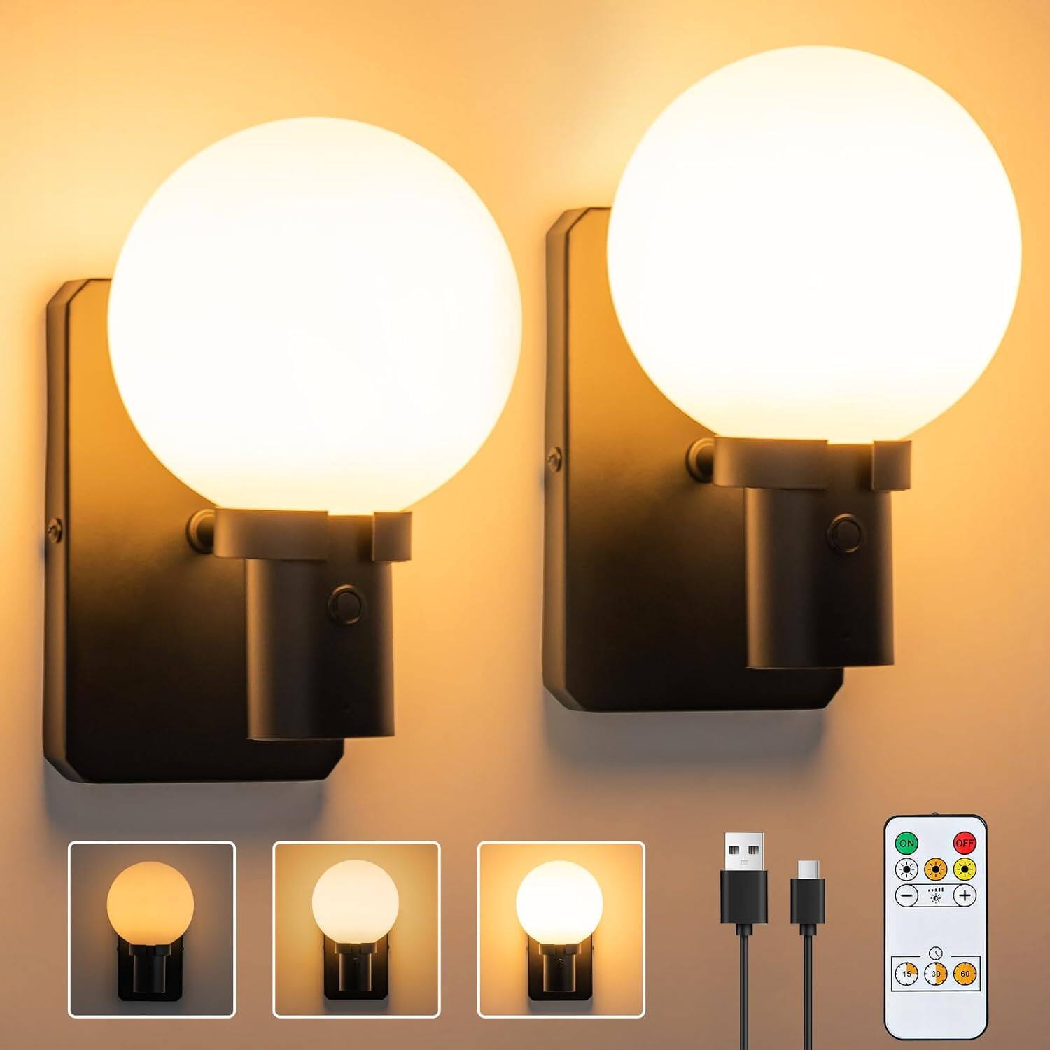 Front. TECH SAFARI - Wall Sconces Set Of Two Rechargeable Operated Light With Remote Control Dimmable Mount For Hallway Bedroom - 2.