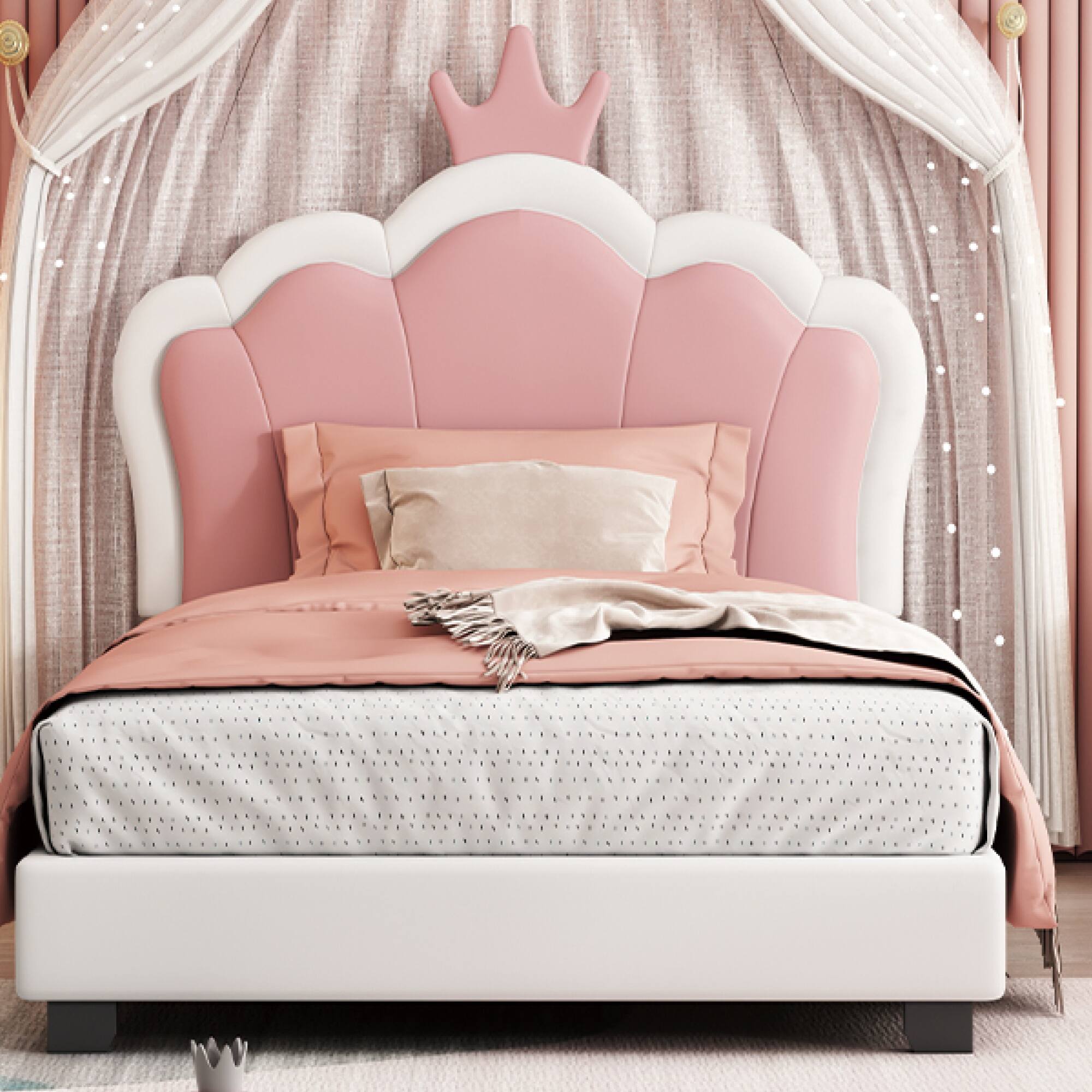 Alt View 10. GOODSILO - Twin Size Crown Headboard Upholstered Platform Bed with Headboard and Footboard for Girls Bedroom - Cream.