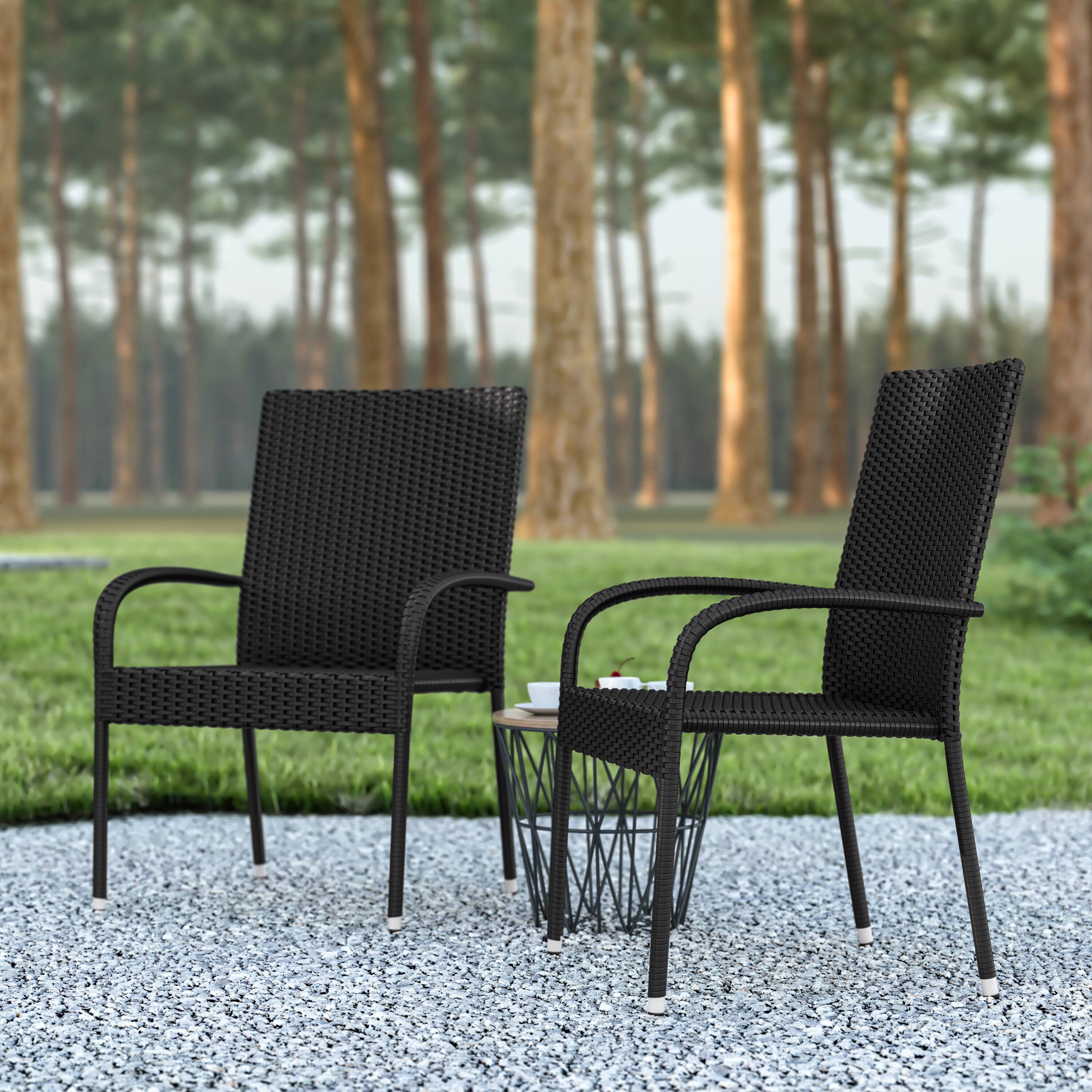 Alt View 4. Emma + Oliver - Sala Stacking All-Weather Wicker Wrapped Powder Coated Steel Patio Club Chairs for Indoor and Outdoor Use - Black.
