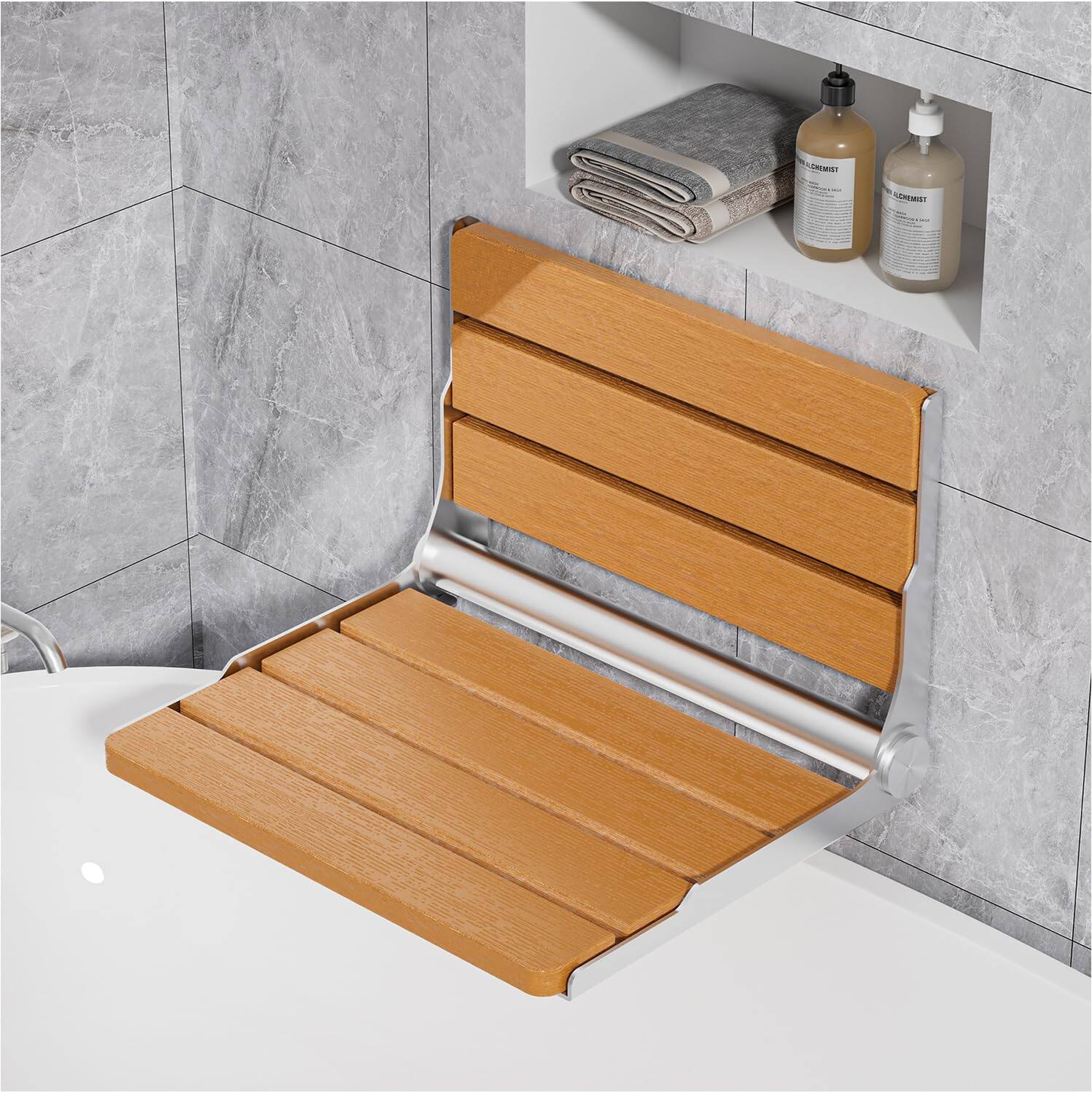 Front. JETRANSPORT - Folding Shower Seat Wall Mounted 15" Bench For Foldable Chair Small Bathroom 400 Lbs Capacity Space-saving - Teak 15 in.