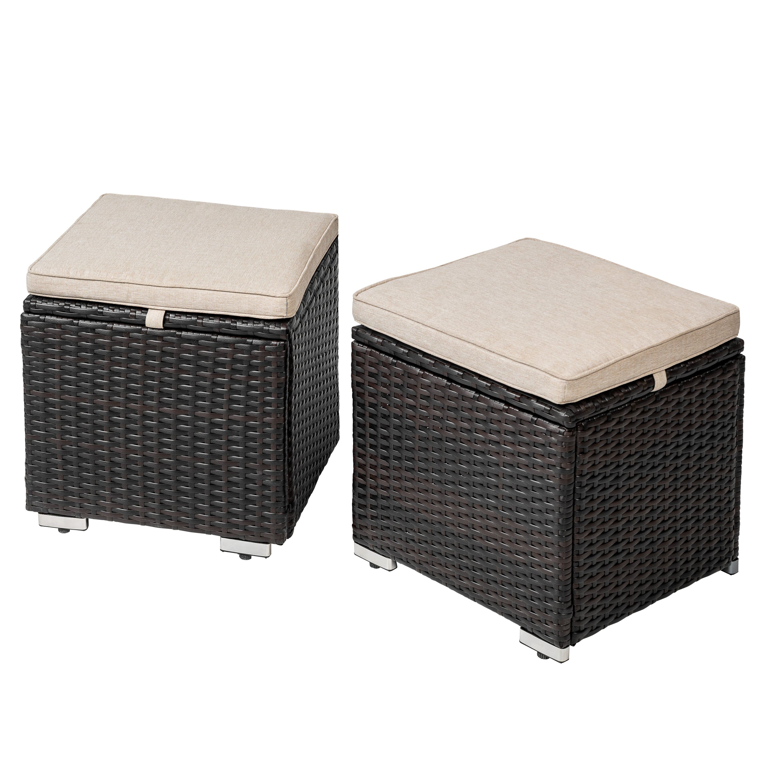 Nuu Garden - 2-Piece Wicker Patio Ottomans with Detachable Cushions, Outdoor Wicker Side Tables, Hidden Storage - Black and Beige