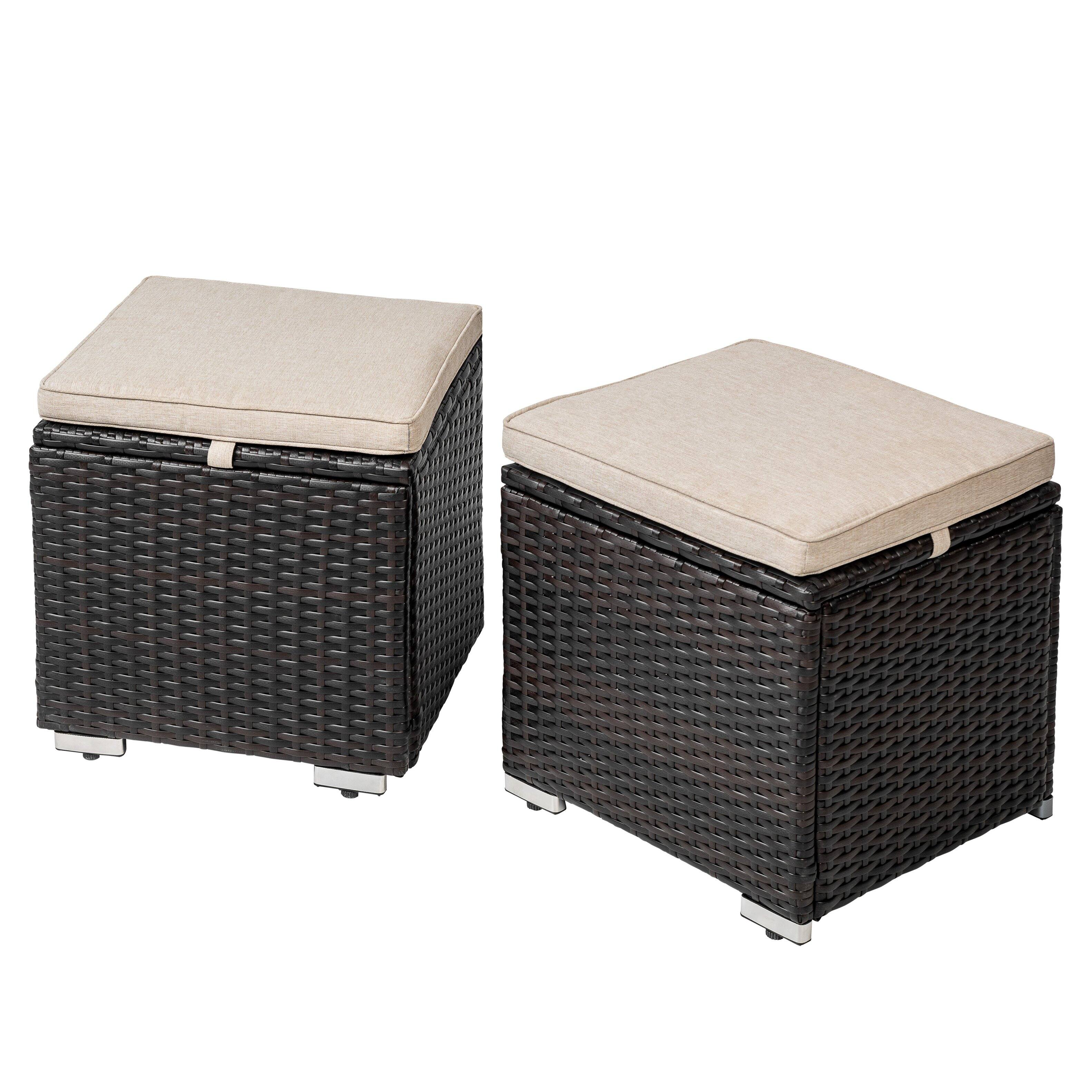 Front. Nuu Garden - 2-Piece Wicker Patio Ottomans with Detachable Cushions, Outdoor Wicker Side Tables, Hidden Storage - Black and Beige.