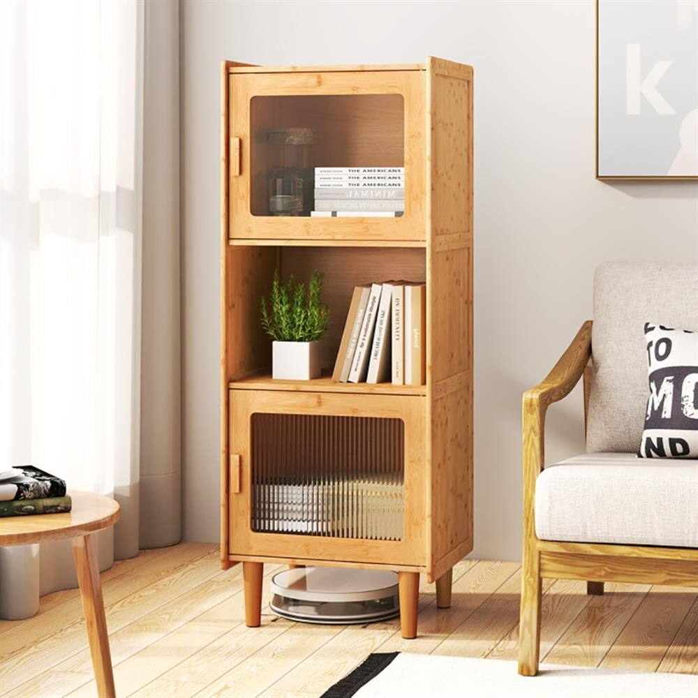 Angle. Kadyn - 3Cube Bamboo Storage Cabinet with Open Compartment and 2 Acrylic DoorsNatural - Beige.