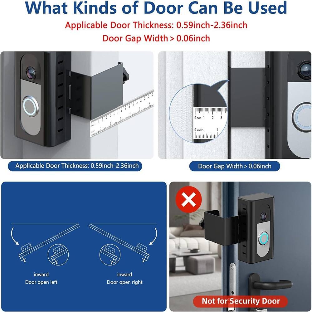 What Kinds of Door Can Be Used

Applicable Door Thickness: 0.59inch-2.36inch  
Door Gap Width > 0.06inch

Applicable Door Thickness: 0.59inch-2.36inch  
Door Gap Width > 0.06inch

inward Door open left  
inward Door open right

Not for Security Door