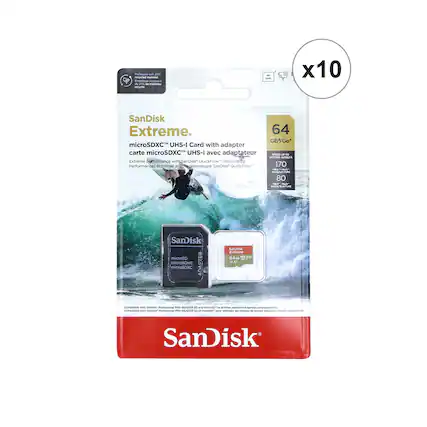 Packages we an respsied matanal Empatan c - 2 - - - - x10 SanDisk Extreme. 64 GB/Go* microSDXC UHS-I Card with adapter carte microSDXC UHS-I avec adaptateur -- R CON. as Extreme hofformance with SanDisk* Quickflow- Technologa Performances exteennes m etechnologie SanDisk QuickFlow 170 - e.E-e 80 ! U addaa SanDisk microso microSDHC ADAPTER micreSDXC Sanzak Estreme 64 OR 2 TH - A Conpattio - da Professional - DEAIR - - mirnotr - w - - - - - - - - I n - - SanDisk