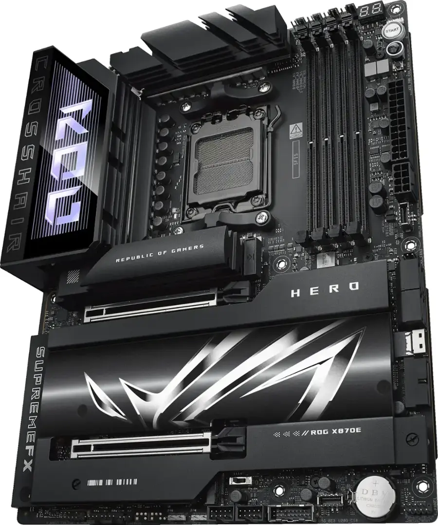 The text on the image reads: "King of Gamers CROSSHAIR 0 Republic of Gamers SUPREMEFX 6.8. START SFIS HERO ROG X870E + DBV LITHIUM BARI CR2022 UBP0-C18."