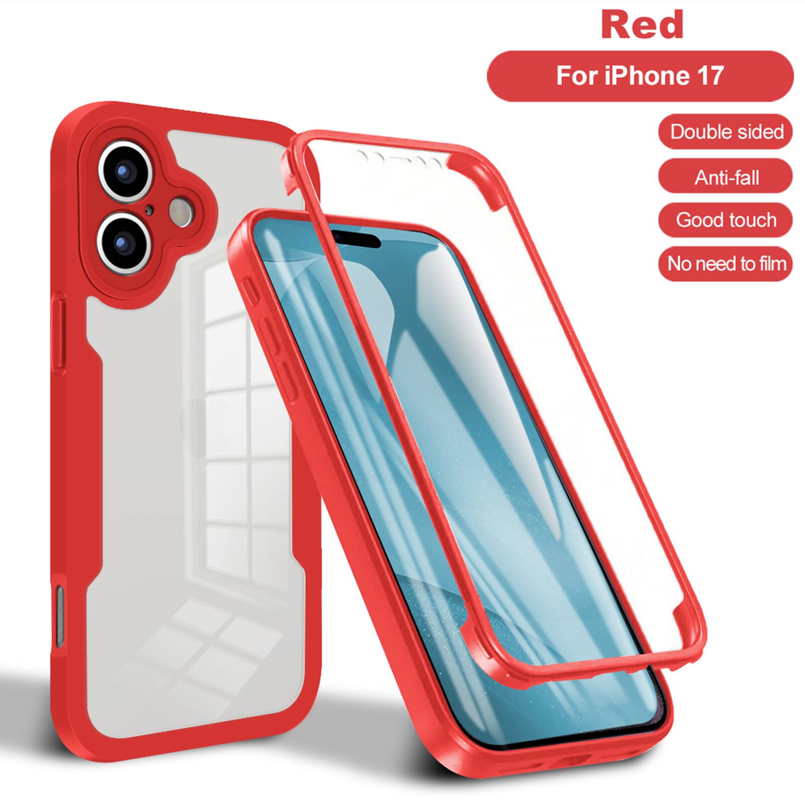 Red  
For iPhone 17  
Double sided  
Anti-fall  
Good touch  
No need to film