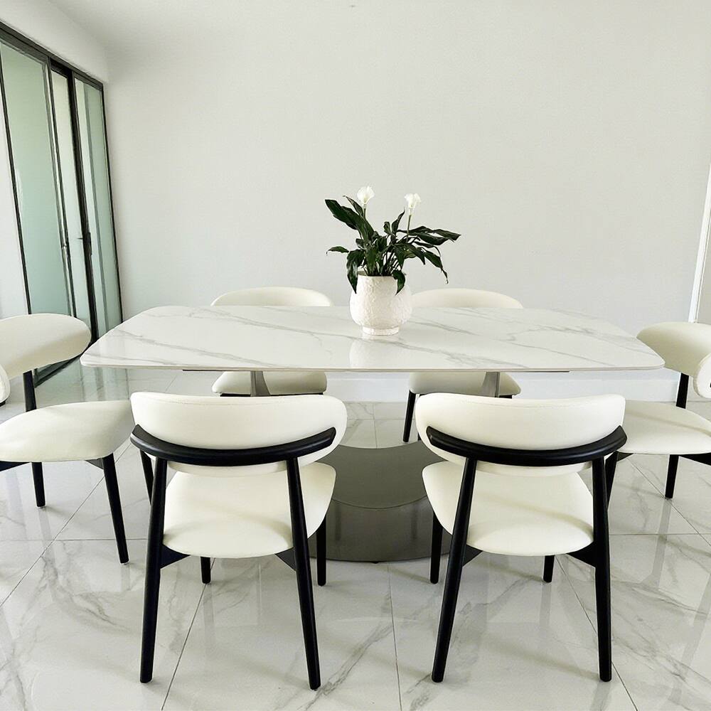 Angle. POVISON - 79" Modern Minimalist Dining Table for 6-8, White Rectangular Glossy Sintered Stone Tabletop, Dark Gray Carbon Steel Leg - Glossy White Sintered Stone with Gray.