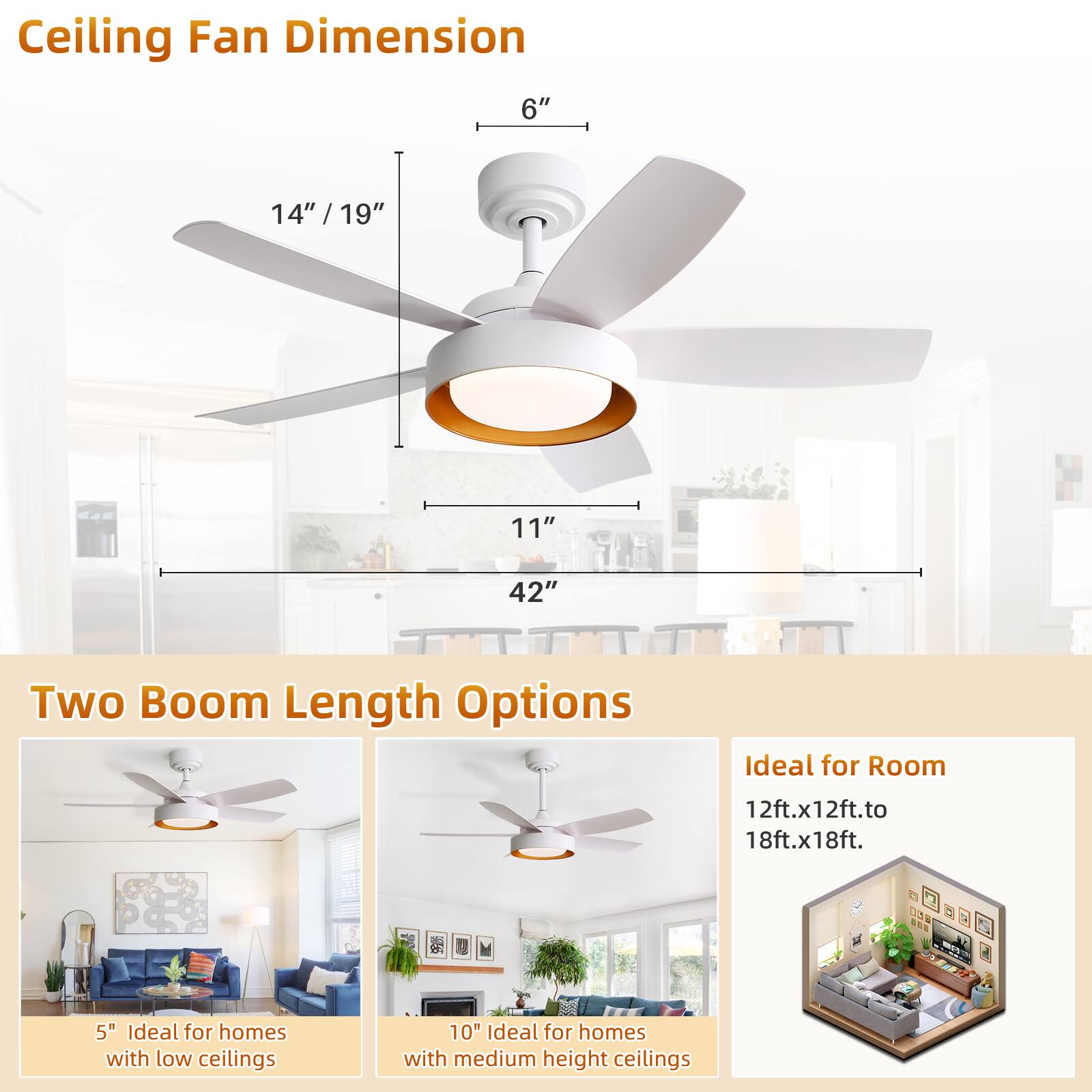 Ceiling Fan Dimension

- 6"
- 14" / 19"
- 11"
- 42"

Two Boom Length Options

- 5" ideal for homes with low ceilings
- 10" ideal for homes with medium height ceilings

Ideal for Room

- 12ft.x12ft. to 18ft.x18ft.