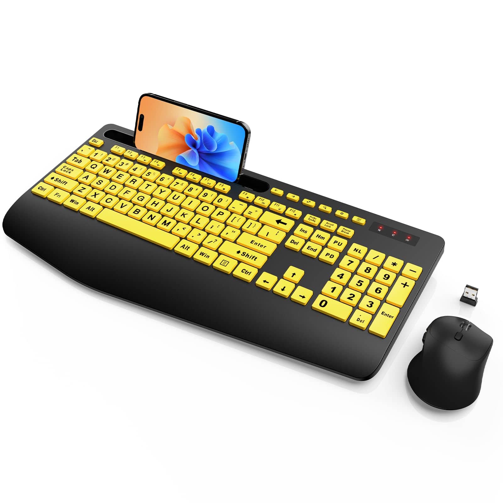 PO3TICJUNKI3 - Wireless And Mouse Wrist Rest Phone Holder Lag-free Keyboards Combo Silent Cordless Set For Computer Laptop - Yellow & Black