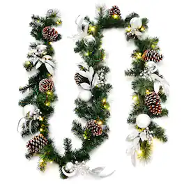 Costway - 9ft Pre-Lit Artificial Christmas Garland with Mixed Decorations and LED Lights - Green