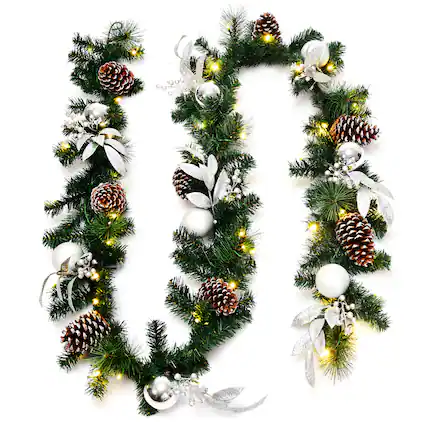 Front. Costway - 9ft Pre-Lit Artificial Christmas Garland with Mixed Decorations and LED Lights - Green.
