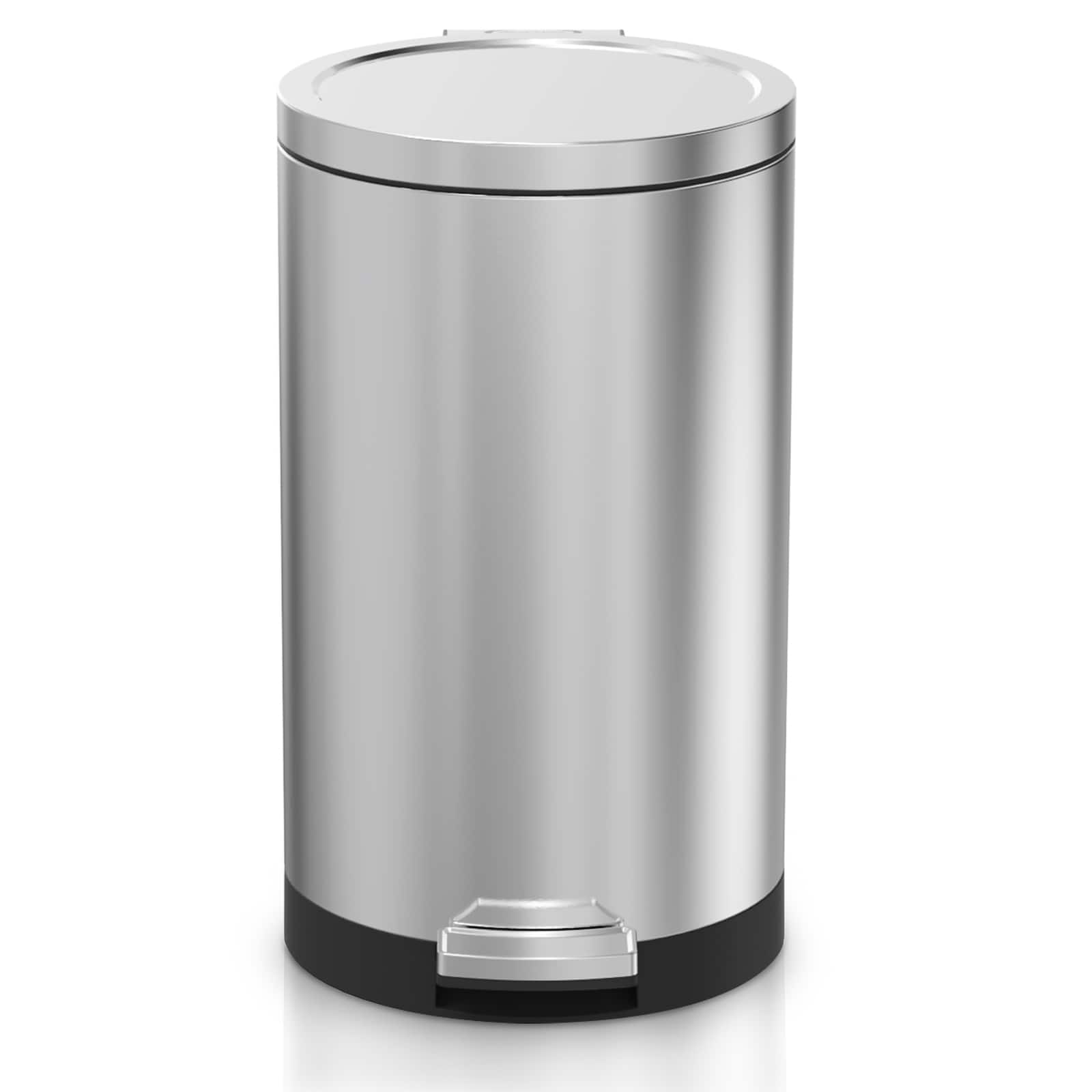 SIMPLYKLEEN - Stainless Steel Kitchen Trash Can, 7.9 Gallon, Round Soft Close Step On Lid Garbage Bin - Silver