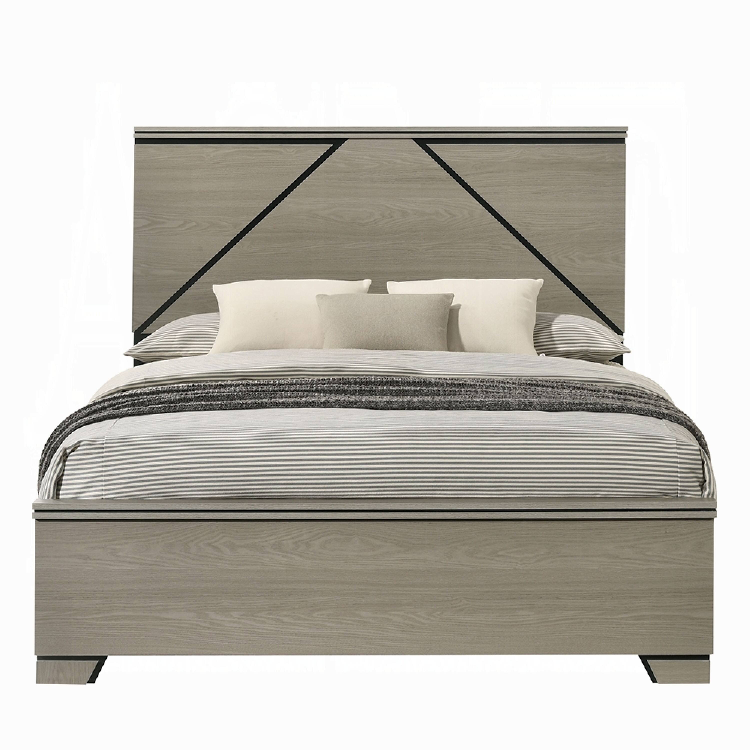Alt View 1. Manhattan Lane - Anna Queen Bed, Panel Headboard with LED, Weathered Gray Wood, Modern Style - Gray, Black.