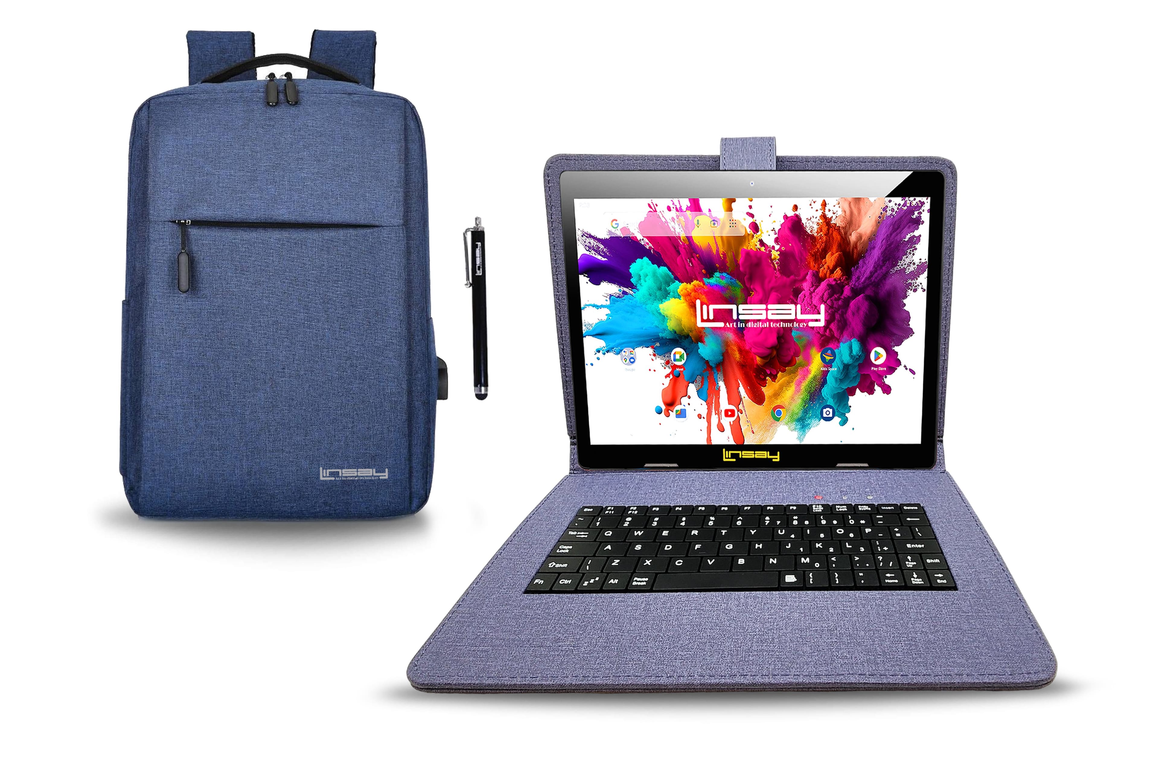 LINSAY - 10.1" Octa Core 128GB Storage Android 15 with Designer Cloth Keyboard Case and Stylish Backpack and Pen Stylus - Blue