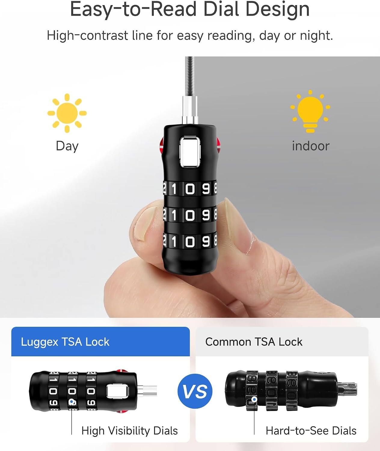 Easy-to-Read Dial Design  
High-contrast line for easy reading, day or night.  

Day indoor  
2 1 0 9 8  
3 1 1 0 9 9 8 8  

Luggex TSA Lock  
Common TSA Lock  

High Visibility Dials  
Hard-to-See Dials