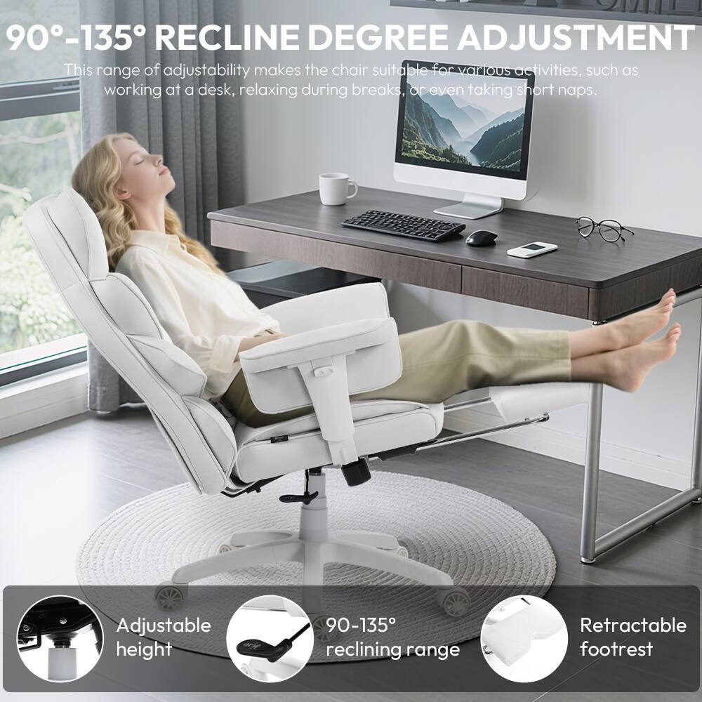 90°-135° RECLINE DEGREE ADJUSTMENT

This range of adjustability makes the chair suitable for various activities, such as working at a desk, relaxing during breaks, or even taking short naps.

- Adjustable height
- 90°-135° reclining range
- Retractable footrest