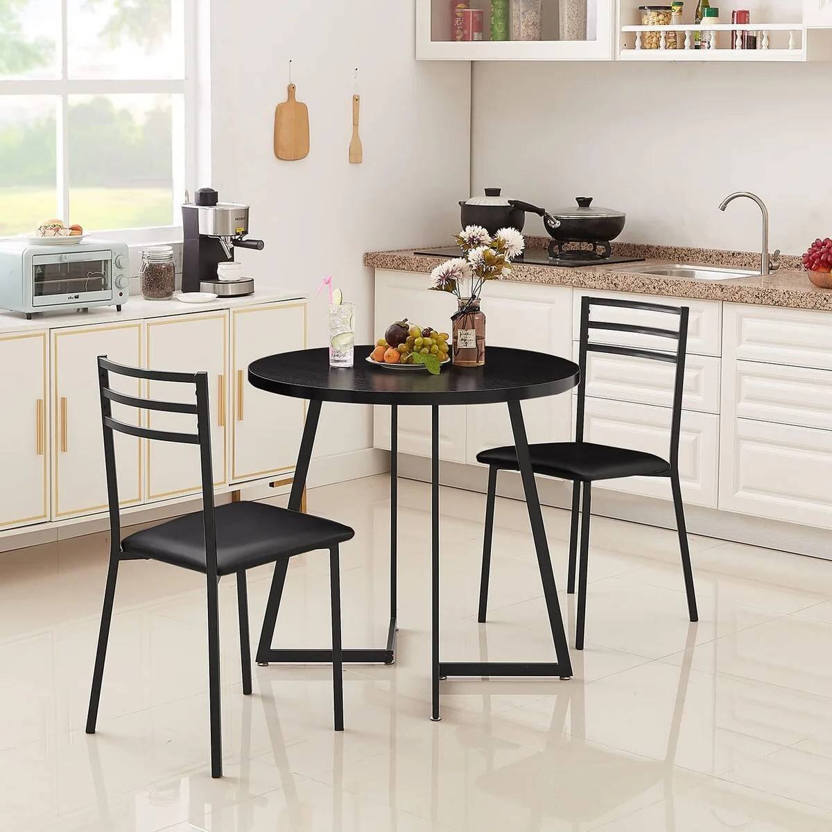 Left. SlickBlue - Modern 3-Piece Kitchen Dining Set with Round Wood Table and 2 Chairs - Black.
