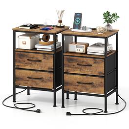 Costway - 2 Pcs Nightstand with Charging Station, 24.5" Modern Bedside Table with 2 Fabric Drawers - Rustic Brown + Black