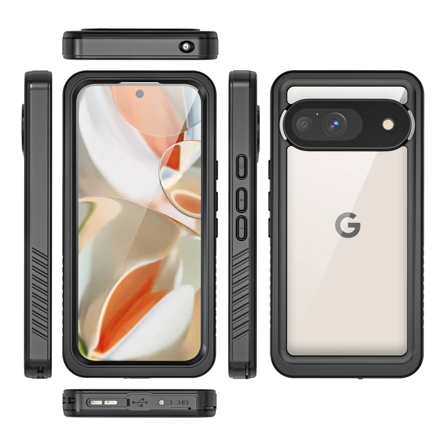 Alt View 4. Dteck - Waterproof Full Body Case for Google Pixel 9,Clear Back Shockproof Heavy Duty Cover with Built-in Screen Protector - Black.
